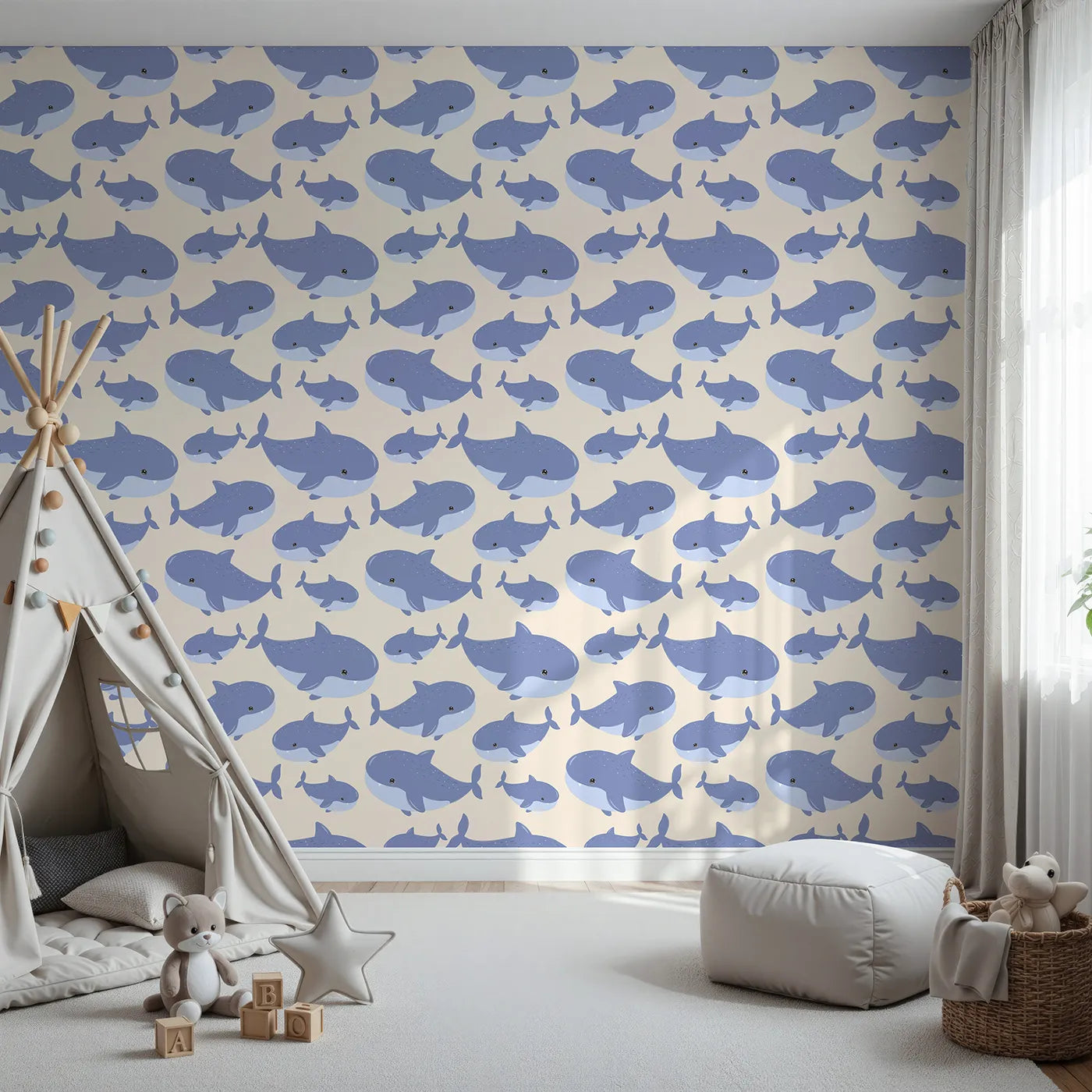 Front view of Whimsy Tots' Whale Shark Wiggles Wallpaper in Beige