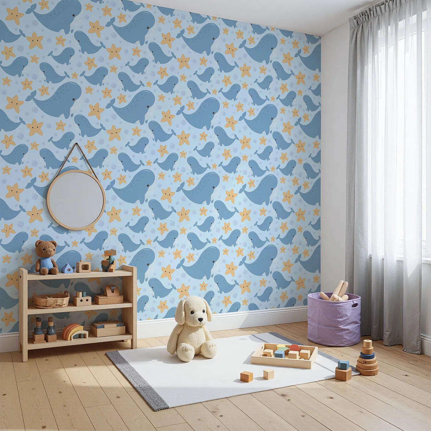 Angled view of Whimsy Tots' Starry Whale Friends Wallpaper in Blue (W3044D).Joyful whales and smiling stars fill the room with ocean cheer.