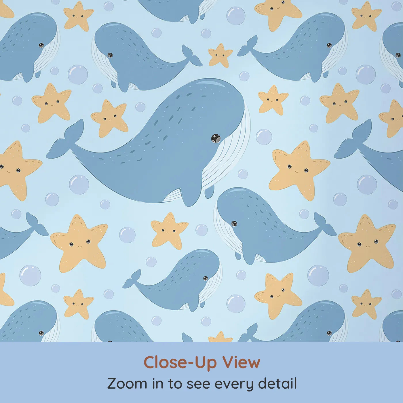 Close-up view of Whimsy Tots' Starry Whale Friends Wallpaper in Blue (W3044D).Joyful whales and smiling stars fill the room with ocean cheer.