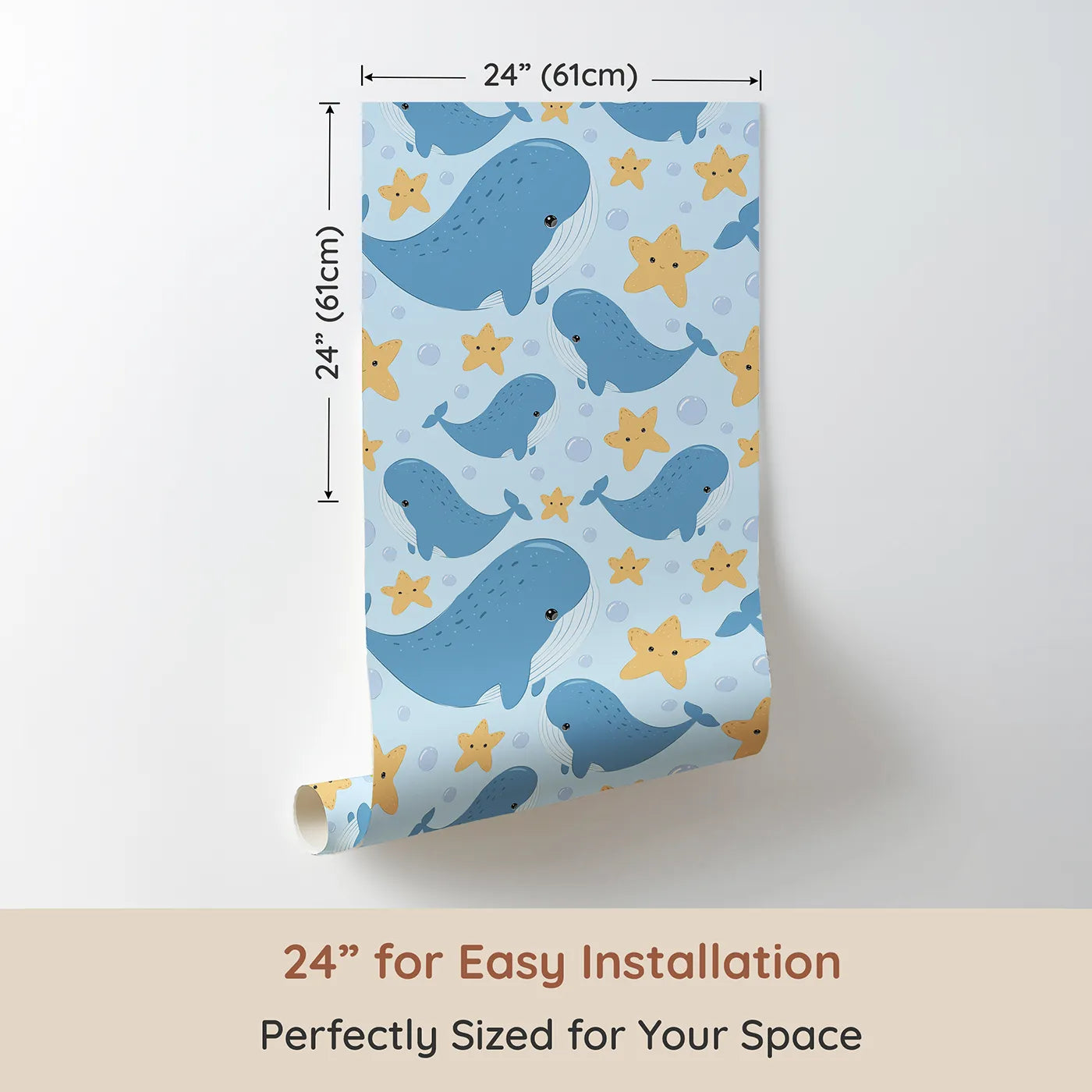 Dimension view of Whimsy Tots Starry Whale Friends Wallpaper in Blue (W3044D). Printed in 24-inch-wide panel for easy installation. Joyful whales and smiling stars fill the room with ocean cheer.