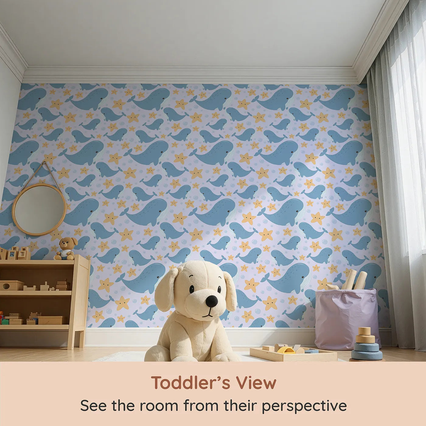 Whimsy Tots Starry Whale Friends Wallpaper in Lilac Lavender (W3044E) from your child's view.Gentle whales and glowing starfish drift through a lilac ocean of wonder.