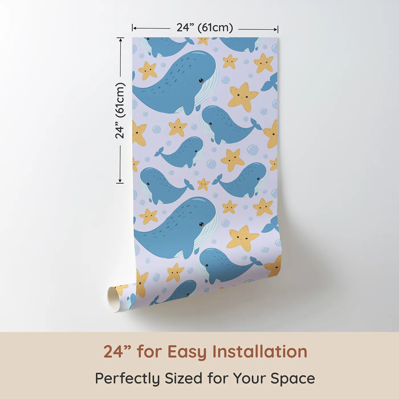 Dimension view of Whimsy Tots Starry Whale Friends Wallpaper in Lilac Lavender (W3044E). Printed in 24-inch-wide panel for easy installation. Gentle whales and glowing starfish drift through a lilac ocean of wonder.