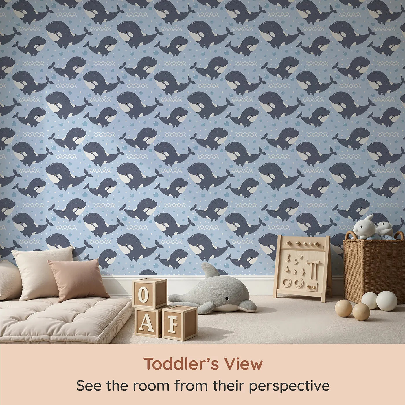 Whimsy Tots Orca Whale Wonder Wallpaper in Blue (W3045A) from your child's view.Smiling orcas splash through bubbly blue waves.
