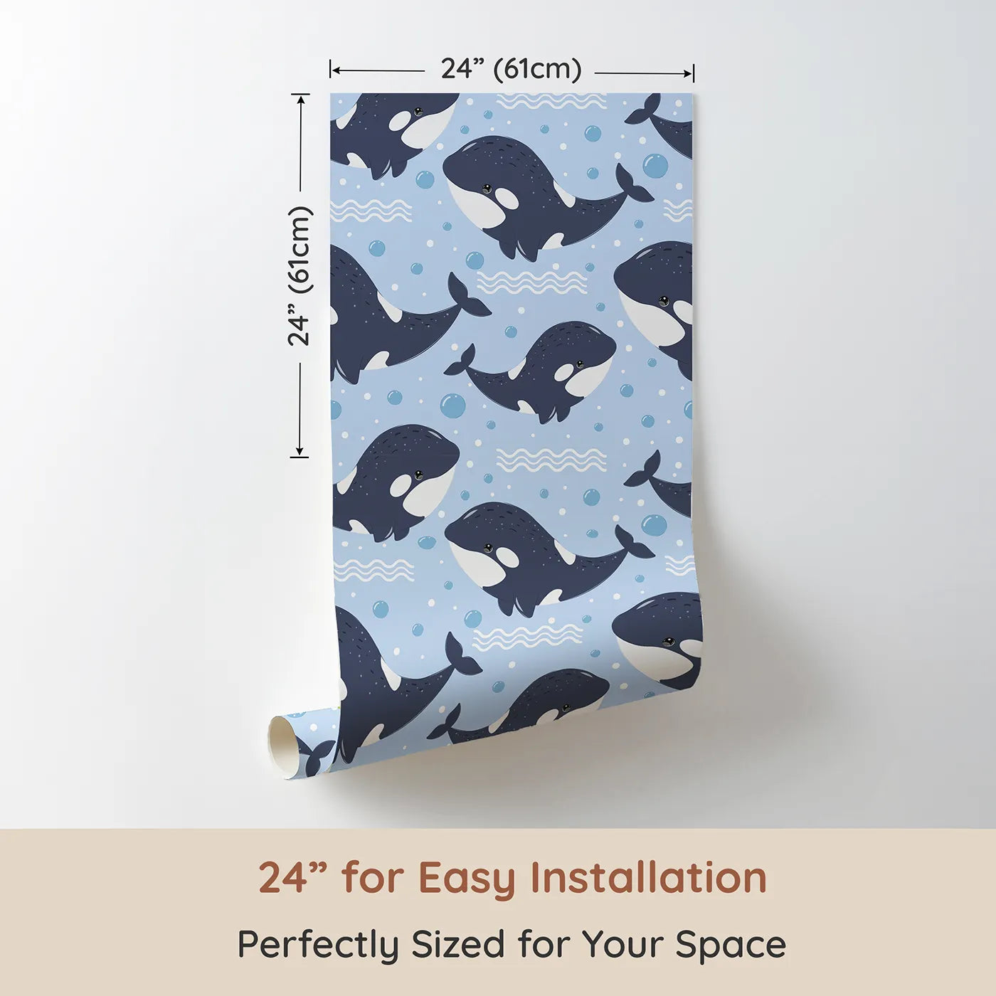 Dimension view of Whimsy Tots Orca Whale Wonder Wallpaper in Blue (W3045A). Printed in 24-inch-wide panel for easy installation. Smiling orcas splash through bubbly blue waves.