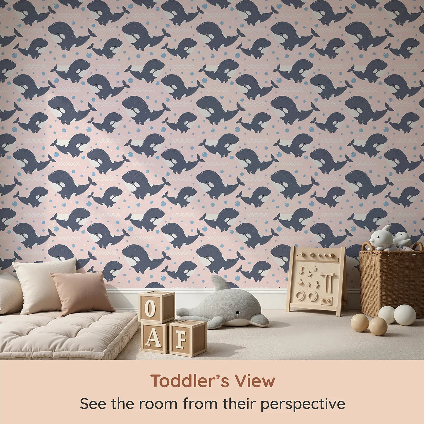 Whimsy Tots Orca Whale Wonder Wallpaper in Blush Pink (W3045B) from your child's view.Smiley orcas splash across a soft sea of blush bubbles.