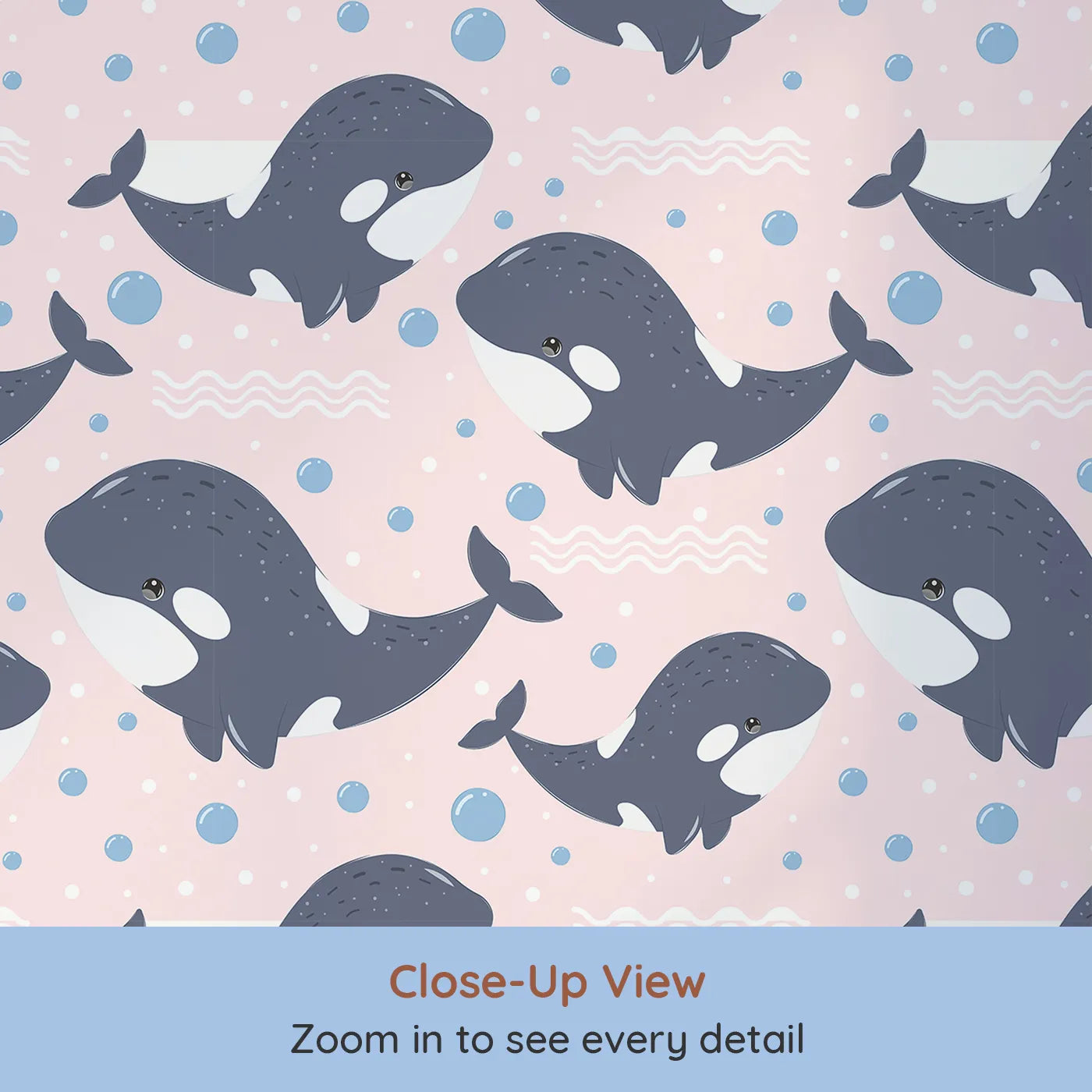 Close-up view of Whimsy Tots' Orca Whale Wonder Wallpaper in Blush Pink (W3045B).Smiley orcas splash across a soft sea of blush bubbles.