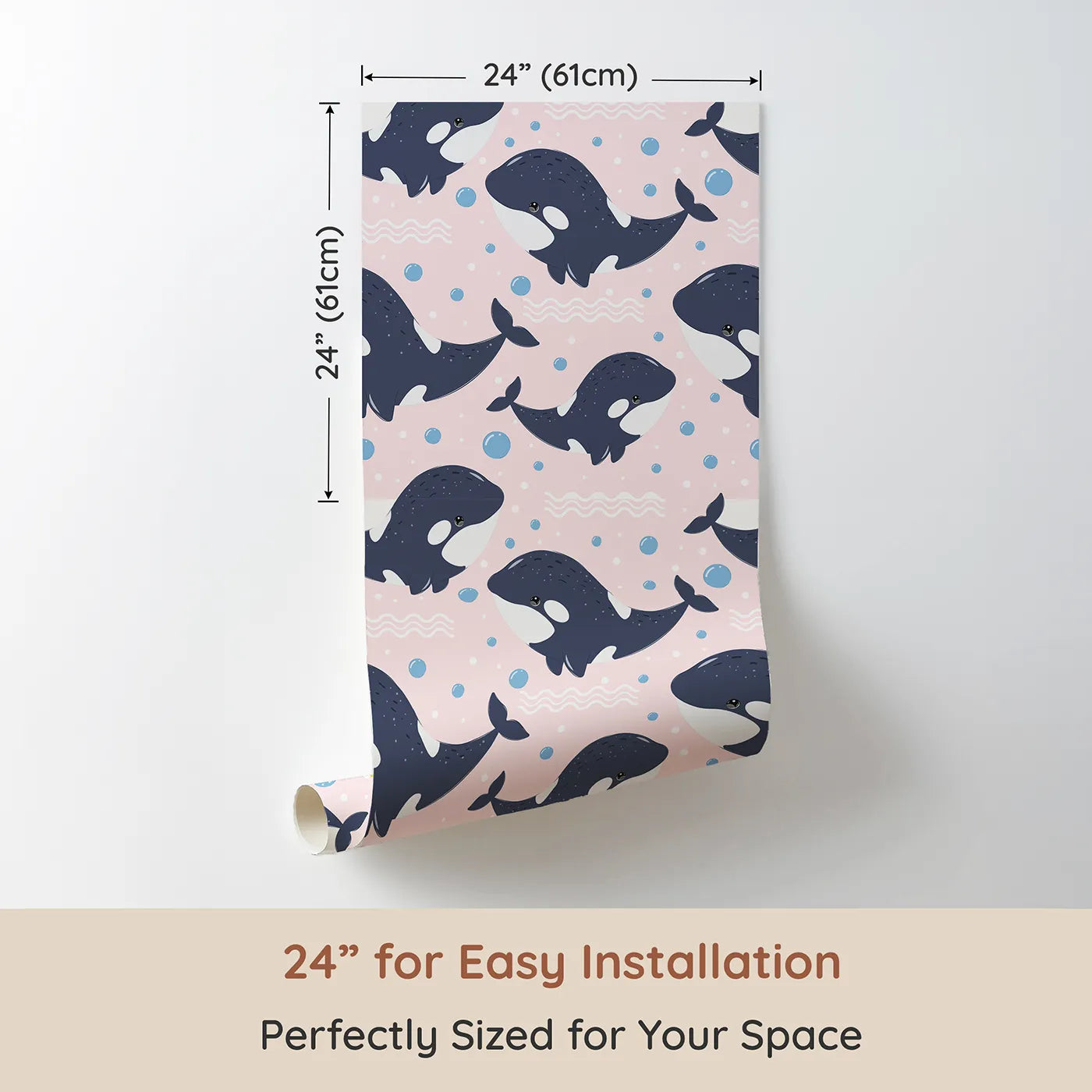 Dimension view of Whimsy Tots Orca Whale Wonder Wallpaper in Blush Pink (W3045B). Printed in 24-inch-wide panel for easy installation. Smiley orcas splash across a soft sea of blush bubbles.