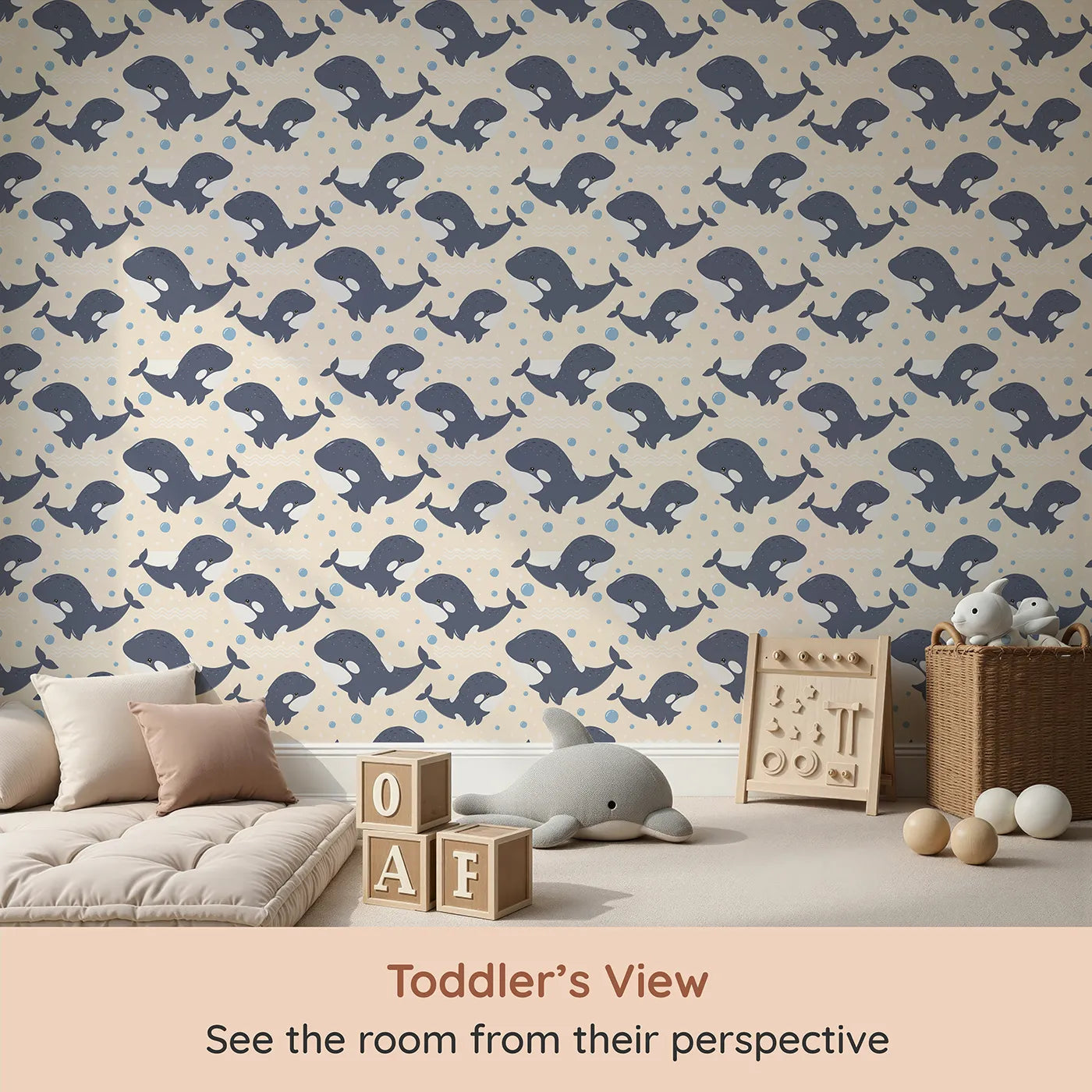 Whimsy Tots Orca Whale Wonder Wallpaper in Cream (W3045C) from your child's view.Playful orcas dance through cream-colored waves and bubbles.