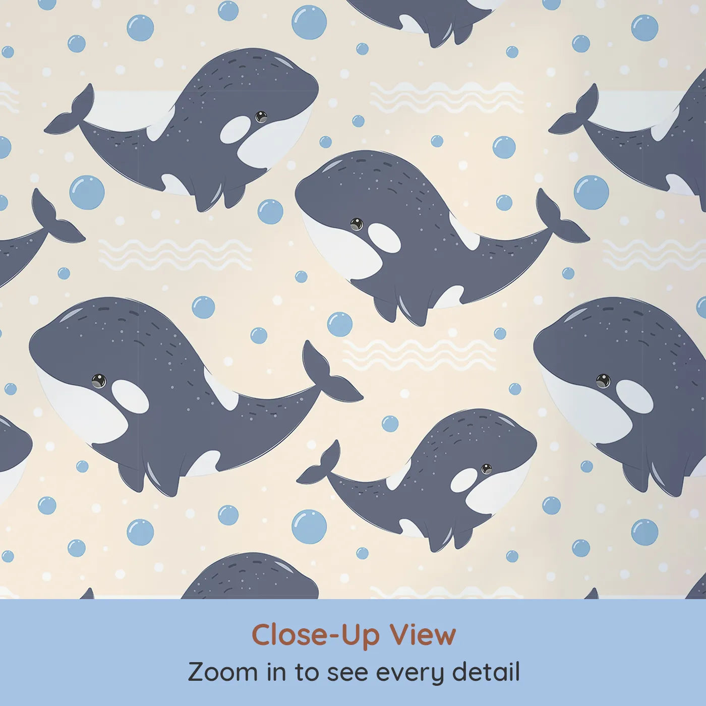 Close-up view of Whimsy Tots' Orca Whale Wonder Wallpaper in Cream (W3045C).Playful orcas dance through cream-colored waves and bubbles.