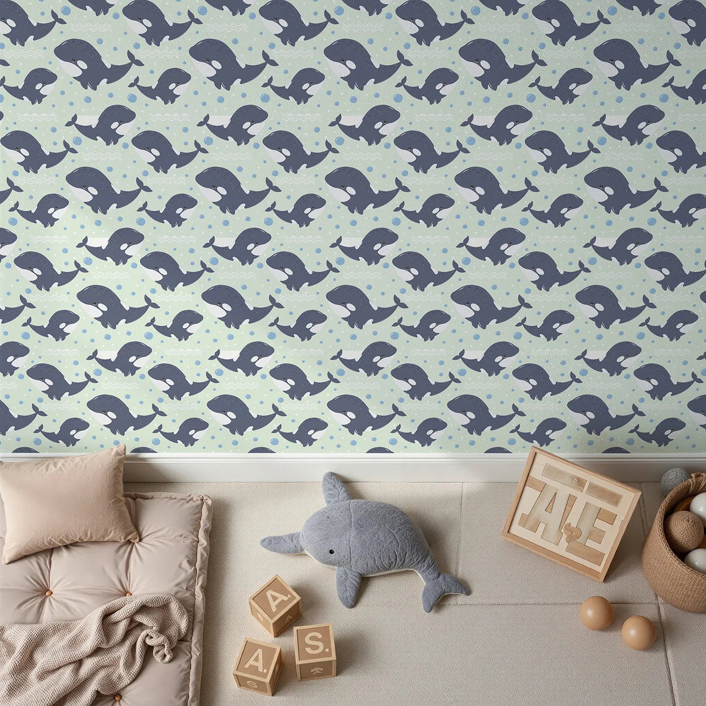 Top-Down view of Whimsy Tots' Orca Whale Wonder Wallpaper in Mint Green (W3045D).Happy orcas glide through gentle mint bubbles for a splash of underwater fun.