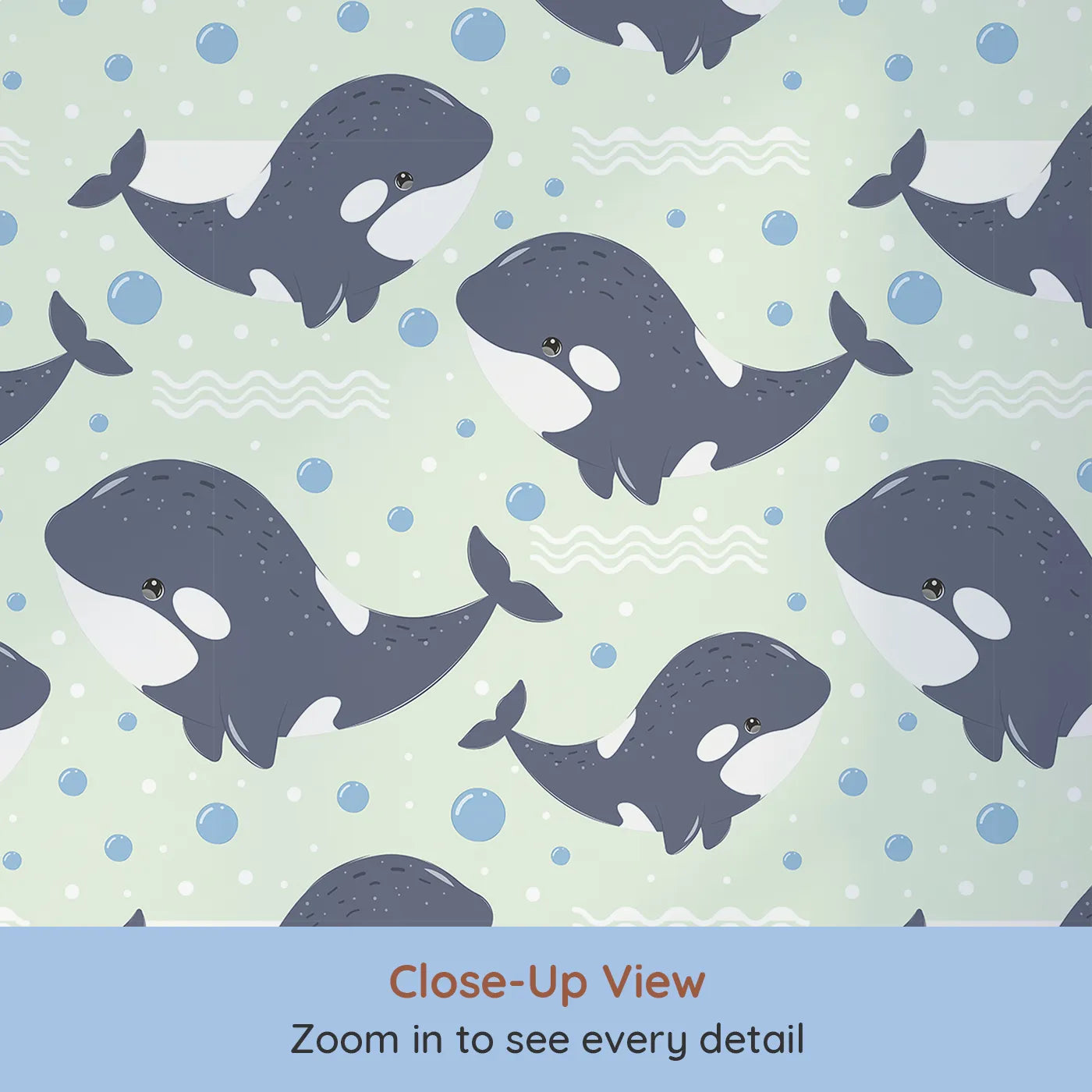 Close-up view of Whimsy Tots' Orca Whale Wonder Wallpaper in Mint Green (W3045D).Happy orcas glide through gentle mint bubbles for a splash of underwater fun.