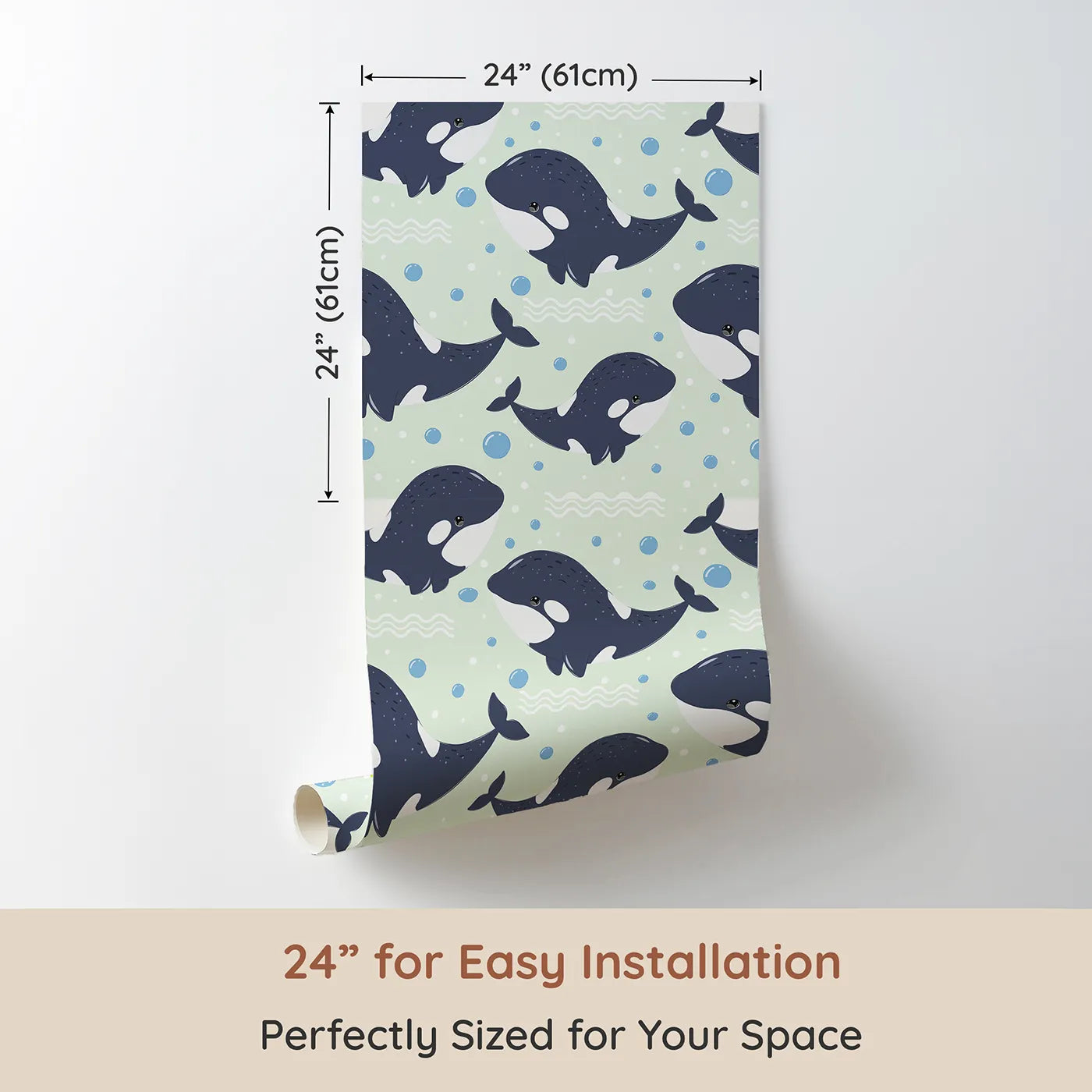 Dimension view of Whimsy Tots Orca Whale Wonder Wallpaper in Mint Green (W3045D). Printed in 24-inch-wide panel for easy installation. Happy orcas glide through gentle mint bubbles for a splash of underwater fun.