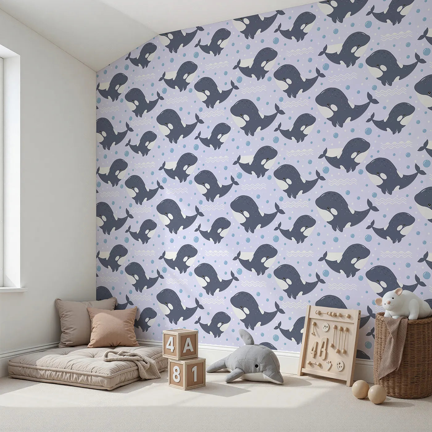 Angled view of Whimsy Tots' Orca Whale Wonder Wallpaper in Lilac Lavender (W3045E).Joyful orcas swim through lilac waves in a gentle ocean dream.
