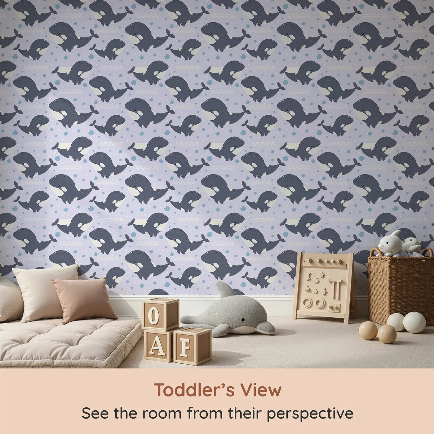 Whimsy Tots Orca Whale Wonder Wallpaper in Lilac Lavender (W3045E) from your child's view.Joyful orcas swim through lilac waves in a gentle ocean dream.