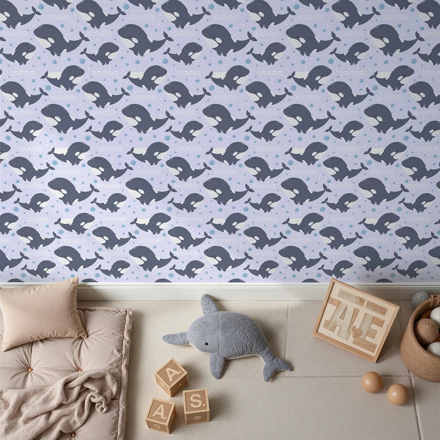 Top-Down view of Whimsy Tots' Orca Whale Wonder Wallpaper in Lilac Lavender (W3045E).Joyful orcas swim through lilac waves in a gentle ocean dream.