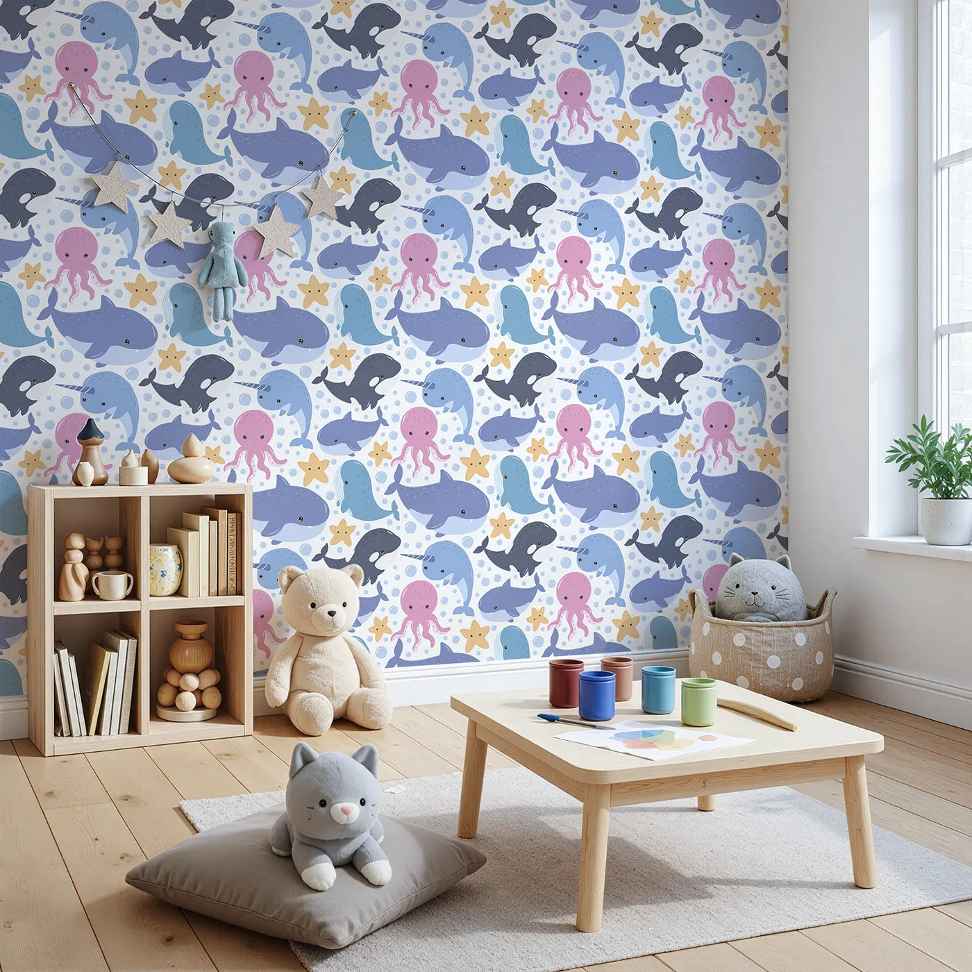 Angled view of Whimsy Tots' Ocean Buddy Parade Wallpaper in White (W3046A).Smiley sea creatures swim and sparkle across a bubbly white sea.