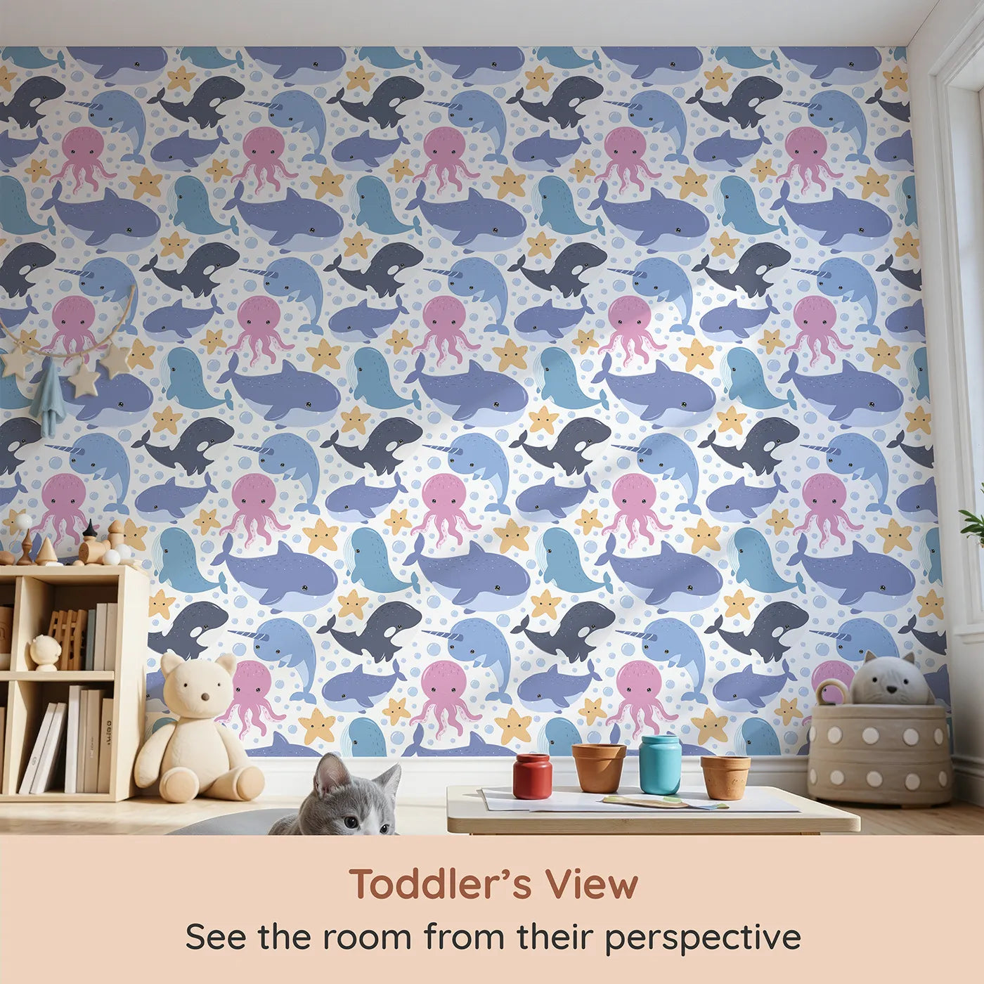 Whimsy Tots Ocean Buddy Parade Wallpaper in White (W3046A) from your child's view.Smiley sea creatures swim and sparkle across a bubbly white sea.