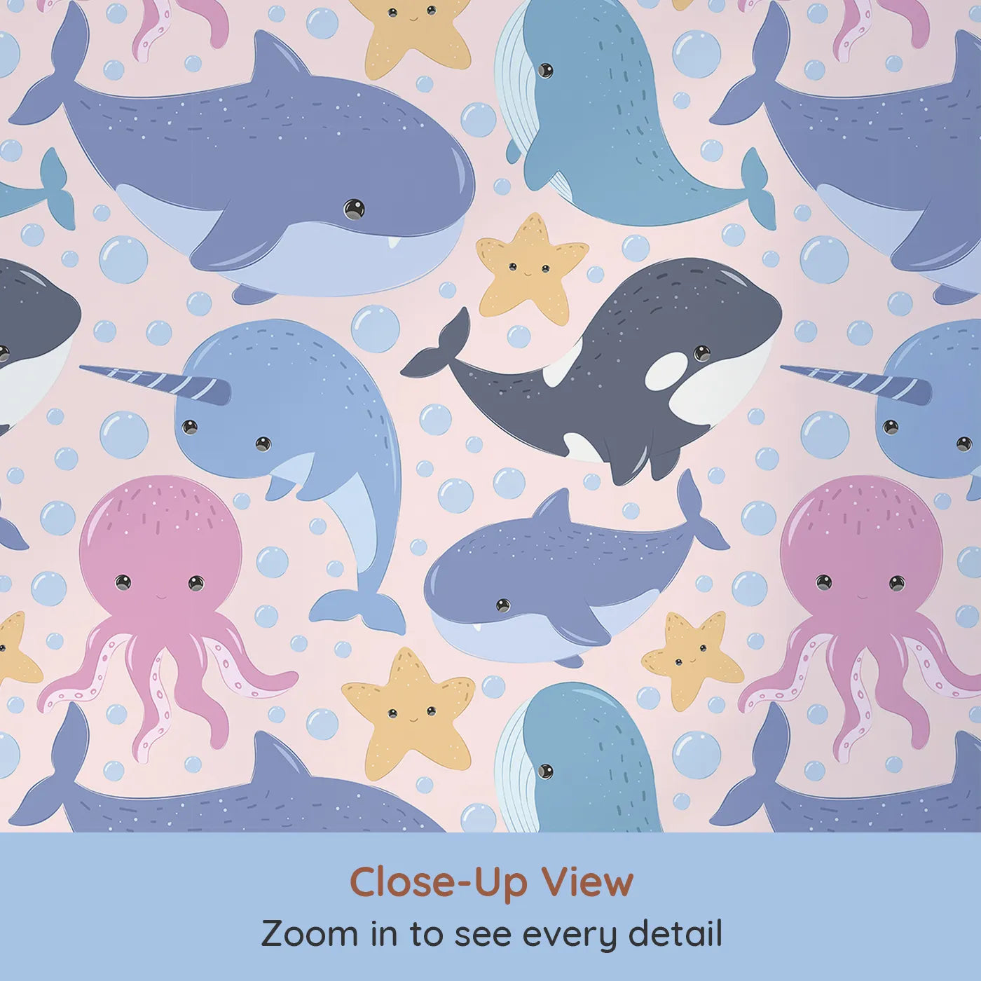 Close-up view of Whimsy Tots' Ocean Buddy Parade Wallpaper in Blush Pink (W3046B).Happy sea creatures splash and swirl across a soft blush sea.