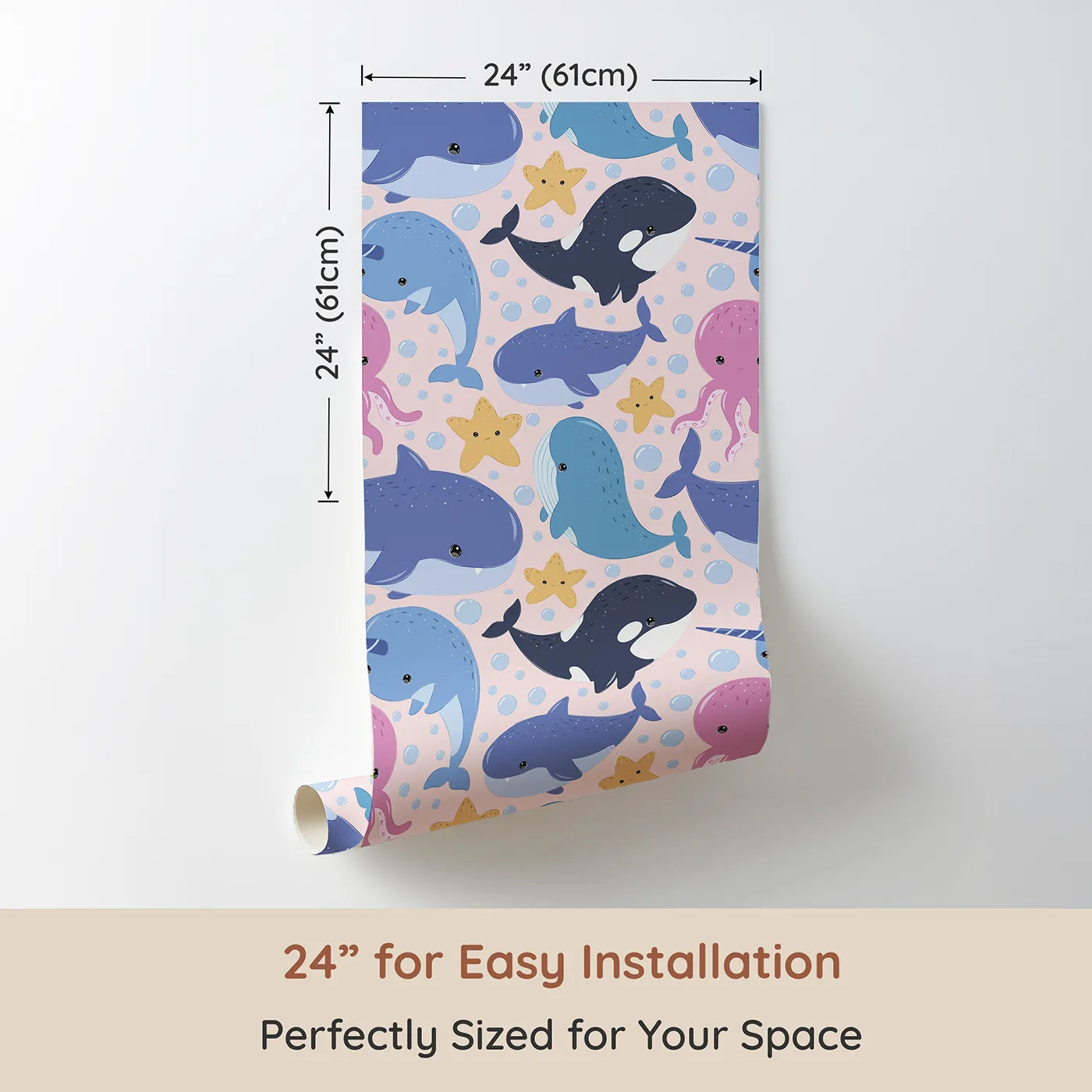 Dimension view of Whimsy Tots Ocean Buddy Parade Wallpaper in Blush Pink (W3046B). Printed in 24-inch-wide panel for easy installation. Happy sea creatures splash and swirl across a soft blush sea.