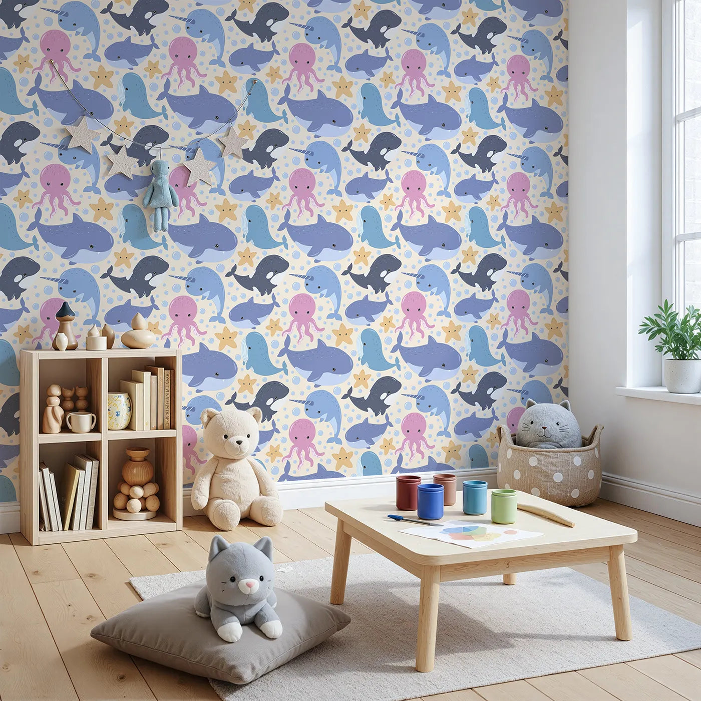 Angled view of Whimsy Tots' Ocean Buddy Parade Wallpaper in Sand (W3046C).Smiling sea animals float through bubbly sands and golden giggles.