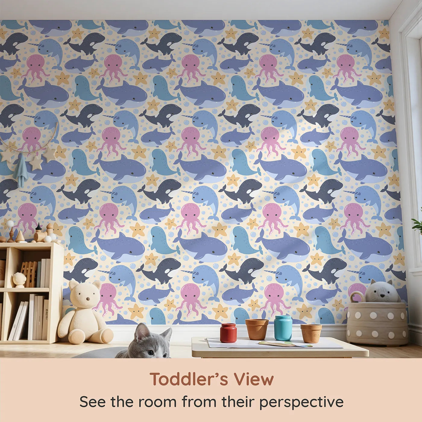 Whimsy Tots Ocean Buddy Parade Wallpaper in Sand (W3046C) from your child's view.Smiling sea animals float through bubbly sands and golden giggles.