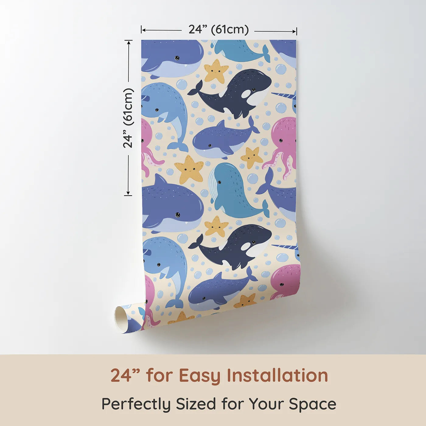 Dimension view of Whimsy Tots Ocean Buddy Parade Wallpaper in Sand (W3046C). Printed in 24-inch-wide panel for easy installation. Smiling sea animals float through bubbly sands and golden giggles.