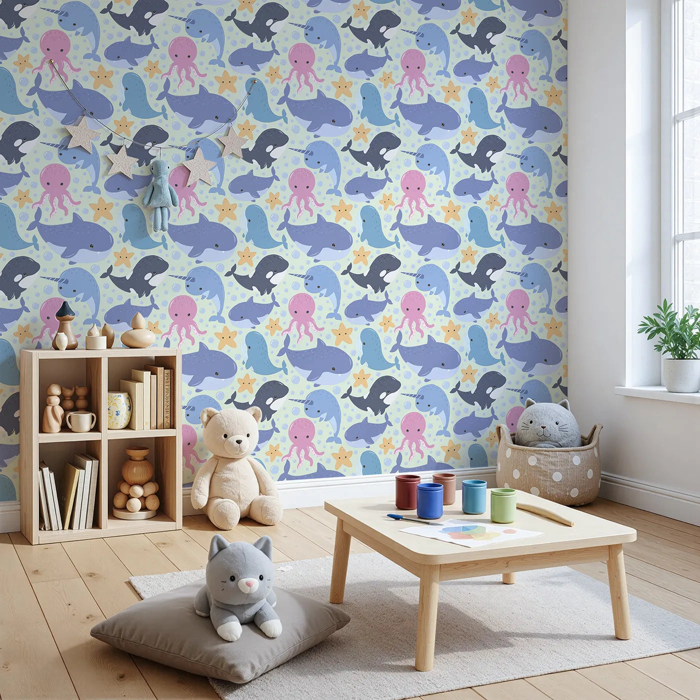 Angled view of Whimsy Tots' Ocean Buddy Parade Wallpaper in Mint Green (W3046D).Playful whales and gentle friends float through a minty sea of smiles.