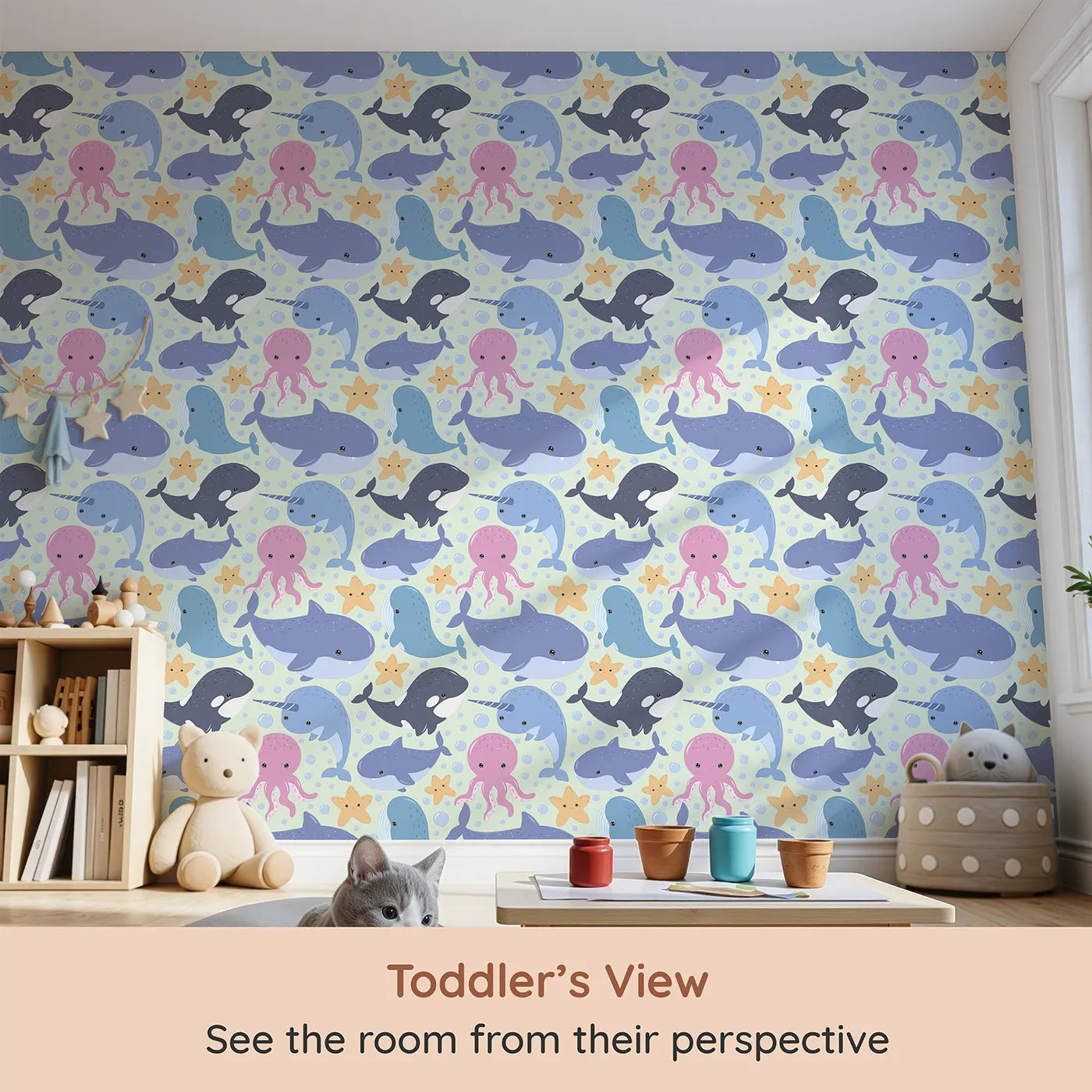 Whimsy Tots Ocean Buddy Parade Wallpaper in Mint Green (W3046D) from your child's view.Playful whales and gentle friends float through a minty sea of smiles.