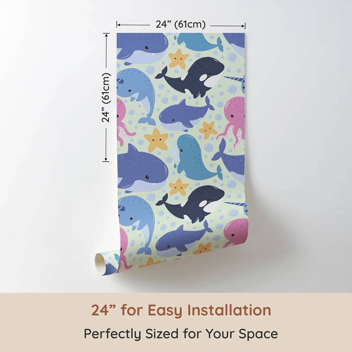 Dimension view of Whimsy Tots Ocean Buddy Parade Wallpaper in Mint Green (W3046D). Printed in 24-inch-wide panel for easy installation. Playful whales and gentle friends float through a minty sea of smiles.