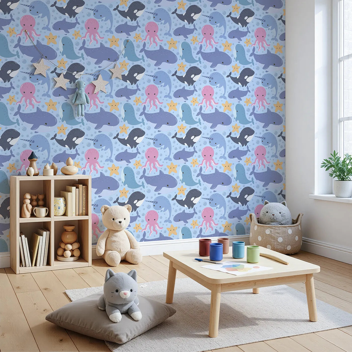 Angled view of Whimsy Tots' Ocean Buddy Parade Wallpaper in Blue (W3046E).Playful sea animals float and splash through a gentle ocean blue.