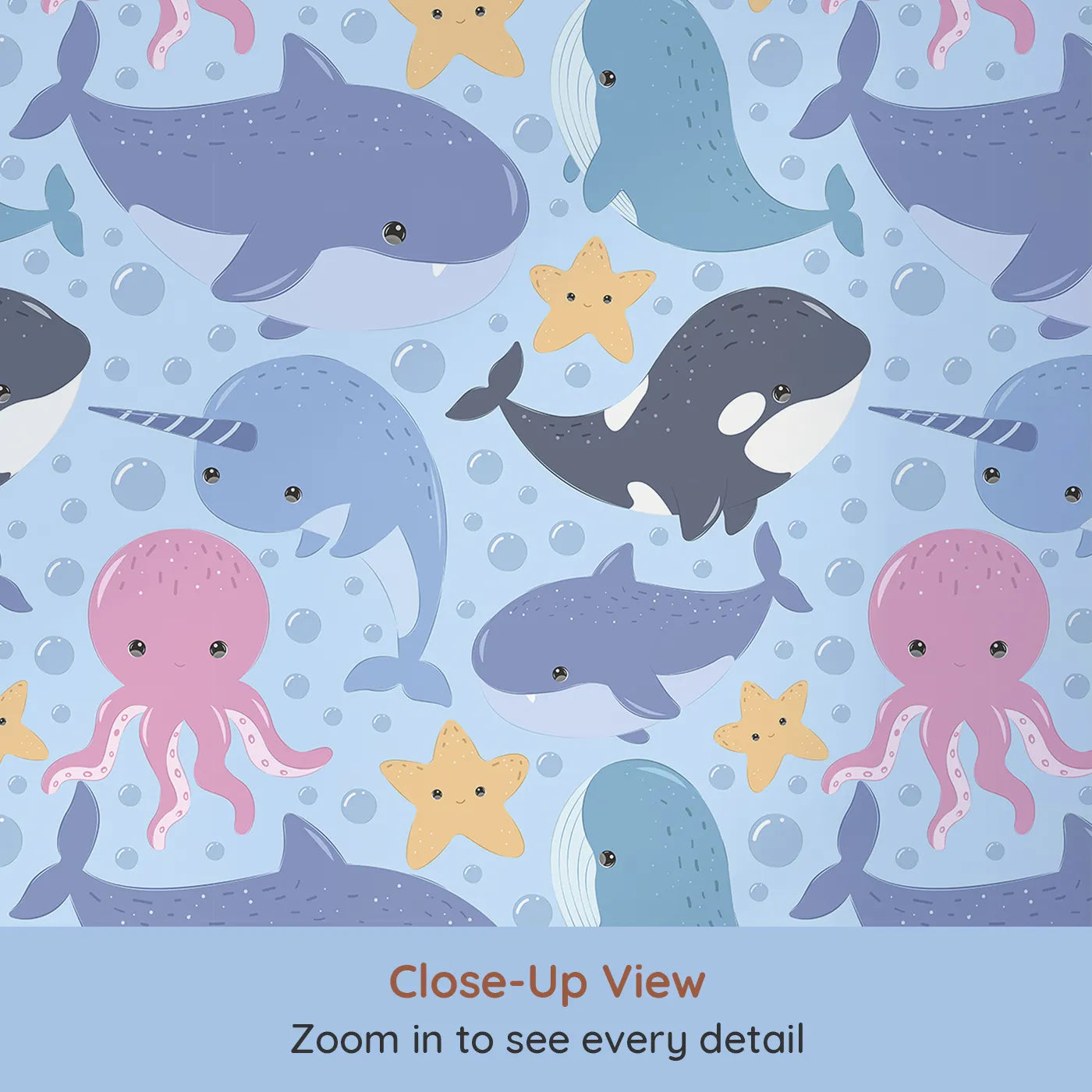 Close-up view of Whimsy Tots' Ocean Buddy Parade Wallpaper in Blue (W3046E).Playful sea animals float and splash through a gentle ocean blue.