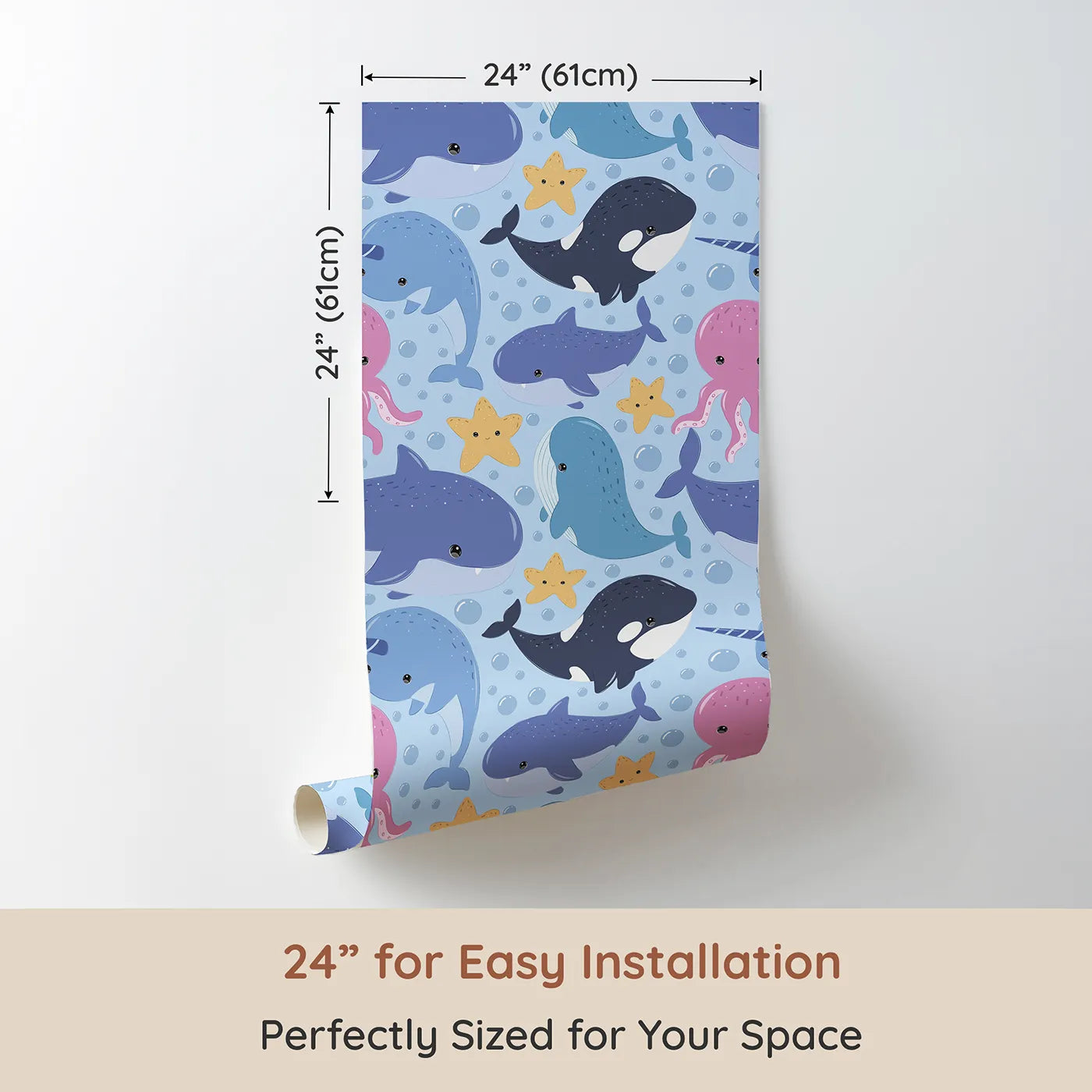 Dimension view of Whimsy Tots Ocean Buddy Parade Wallpaper in Blue (W3046E). Printed in 24-inch-wide panel for easy installation. Playful sea animals float and splash through a gentle ocean blue.