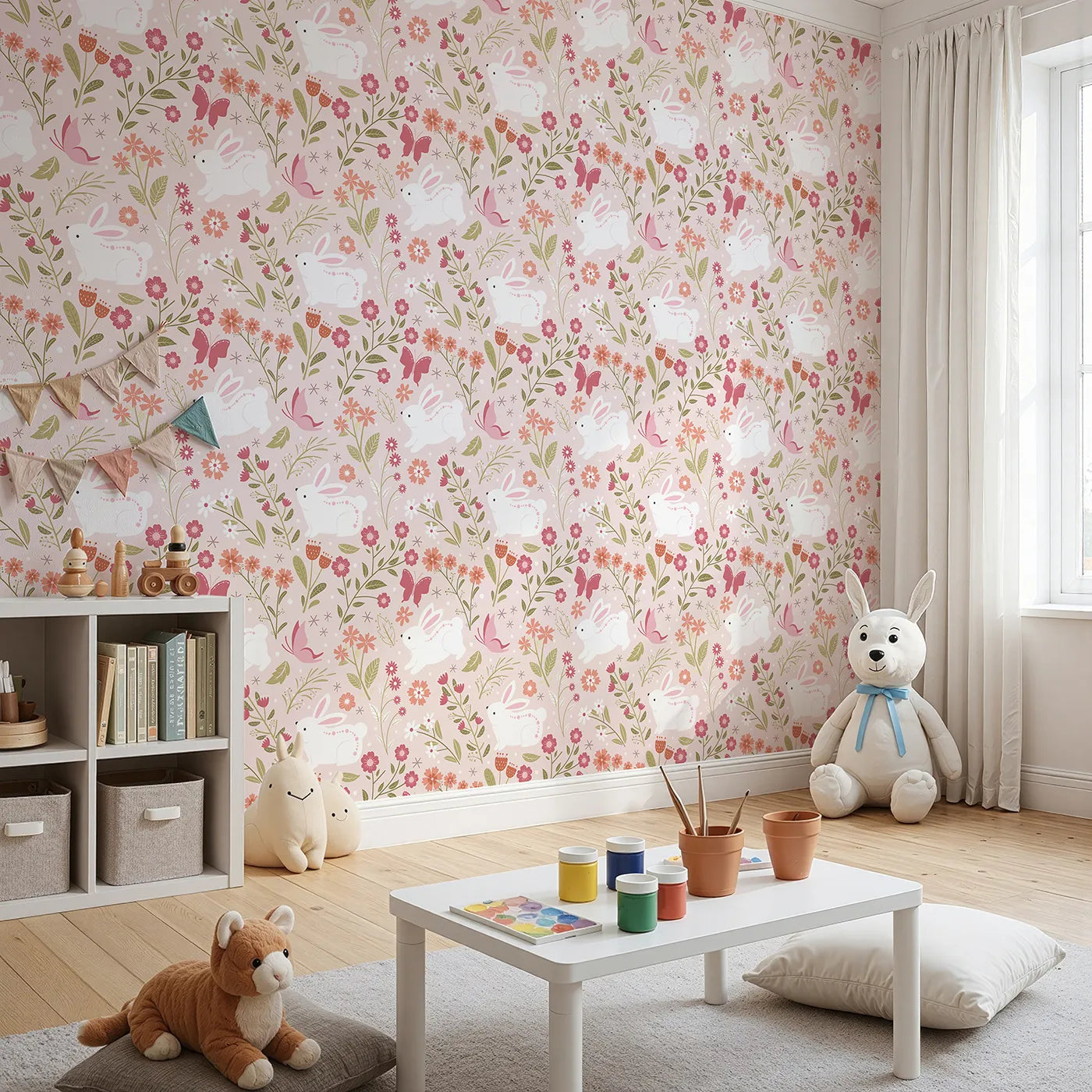 Angled view of Whimsy Tots' Meadow Hops Bunny Wallpaper in Blush Pink (W3047A).Bunnies leap among flowers and butterflies in a dreamy spring meadow.