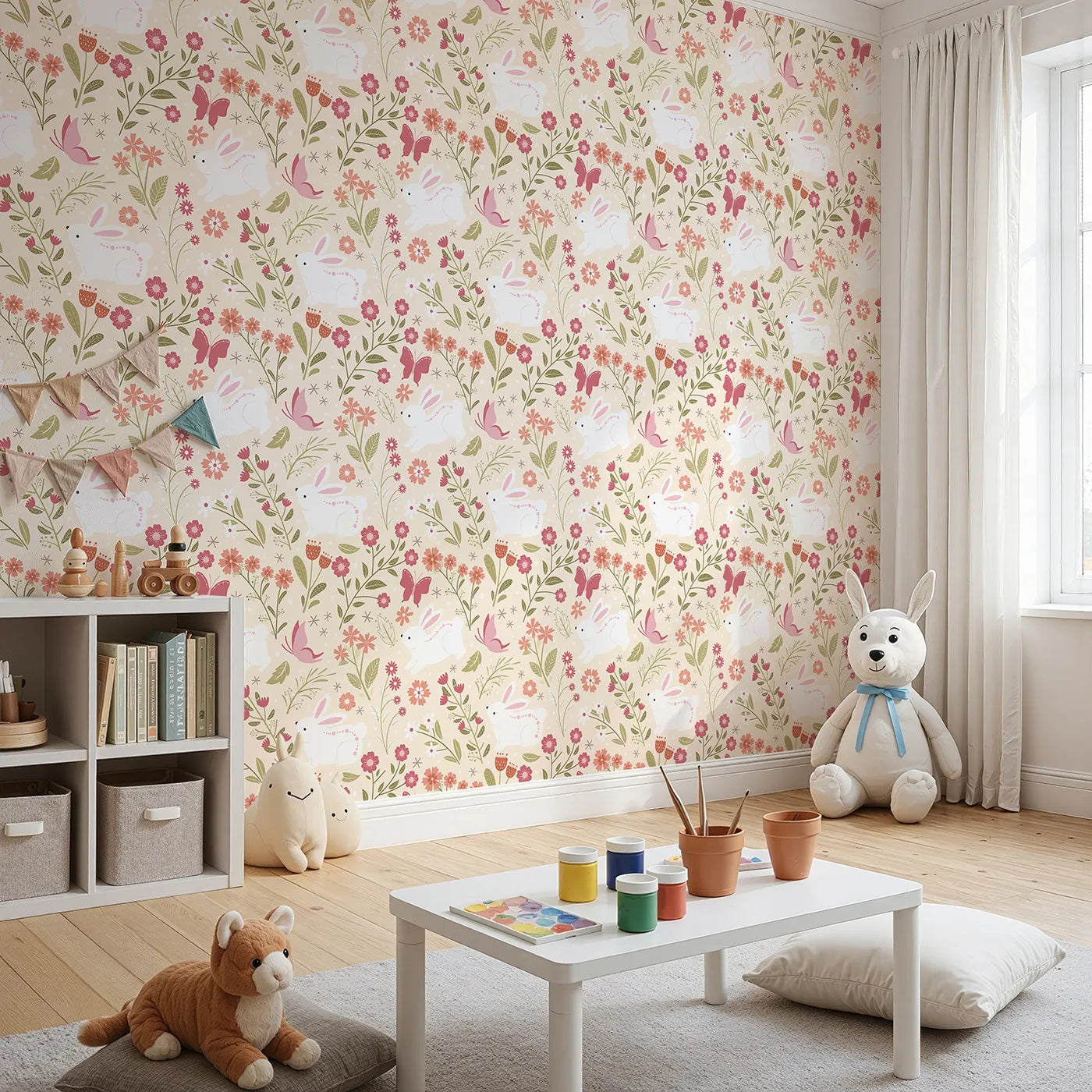 Angled view of Whimsy Tots' Meadow Hops Bunny Wallpaper in Sand (W3047B).Sweet bunnies and blooming flowers dance across soft sandy skies.