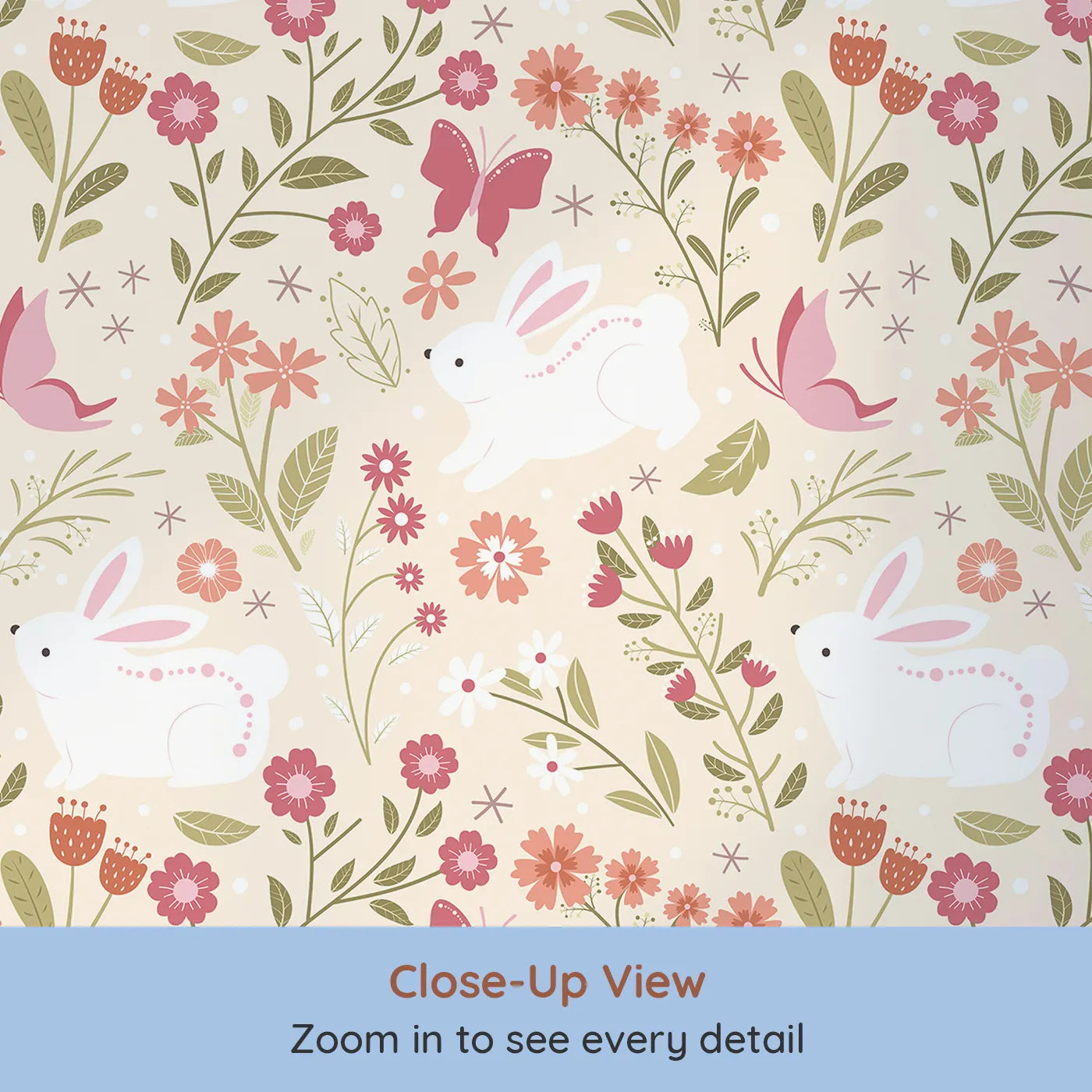 Close-up view of Whimsy Tots' Meadow Hops Bunny Wallpaper in Sand (W3047B).Sweet bunnies and blooming flowers dance across soft sandy skies.