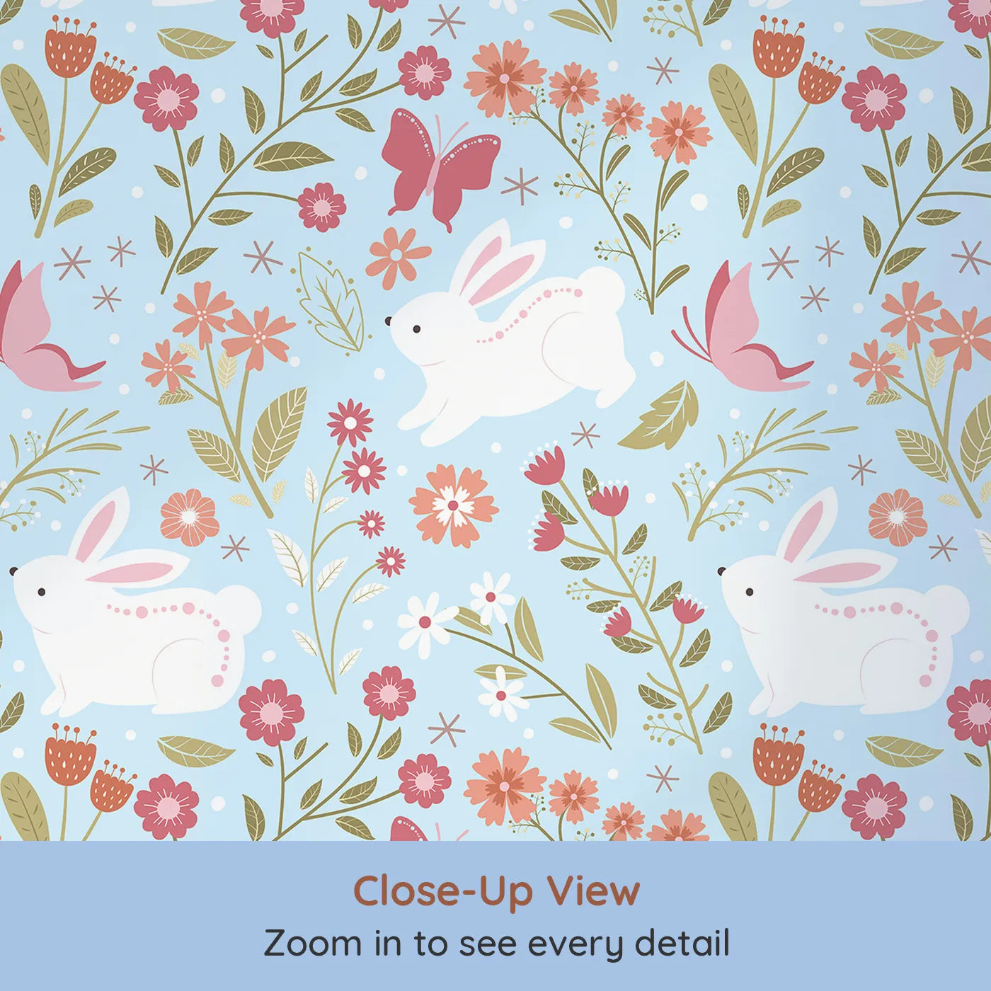 Close-up view of Whimsy Tots' Meadow Hops Bunny Wallpaper in Blue (W3047D).Joyful bunnies leap through blossoms and butterflies under soft blue skies.