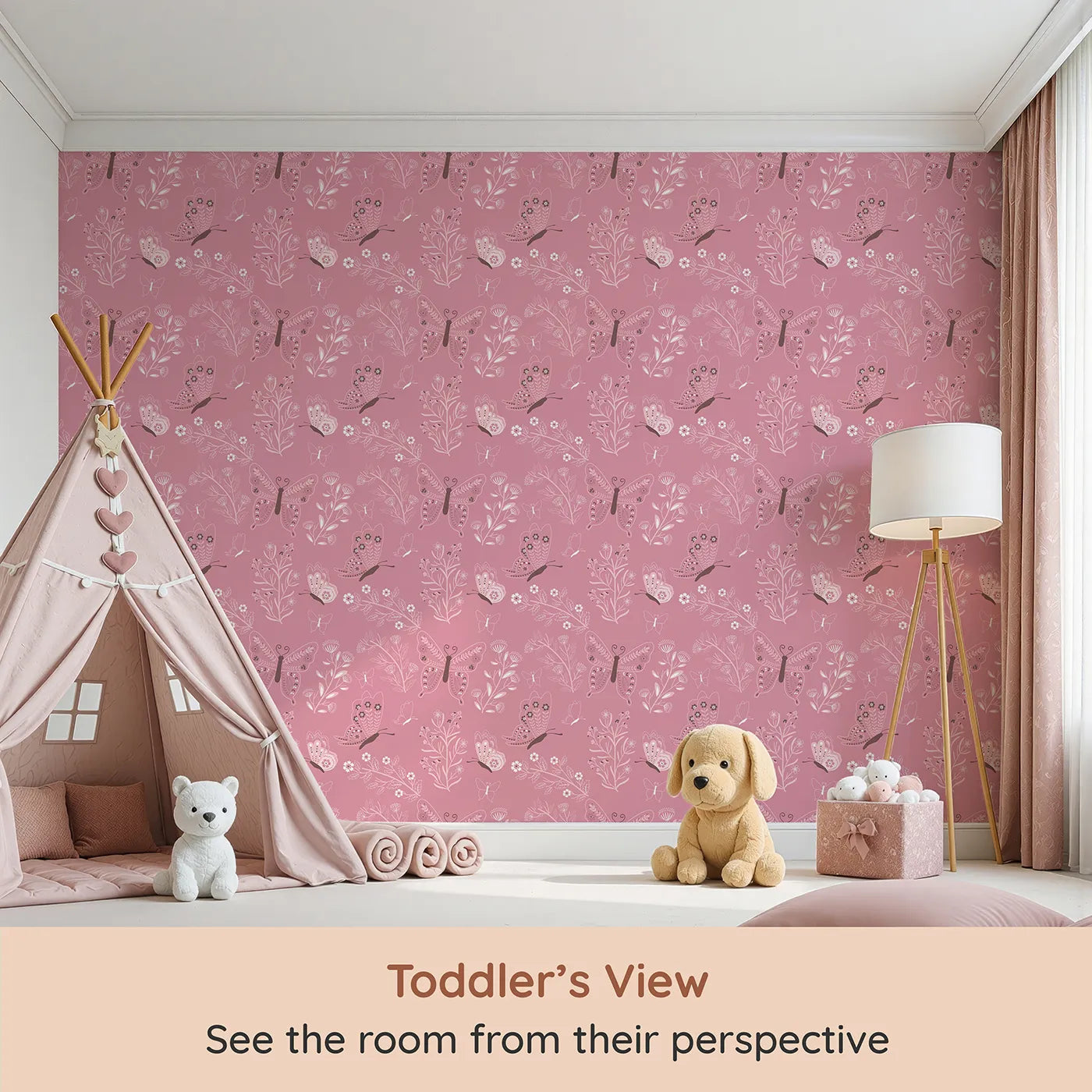 Whimsy Tots Flutter Garden Butterfly Wallpaper in Rose Pink (W3048A) from your child's view.Delicate butterflies flutter among floral vines in soft rosy charm.