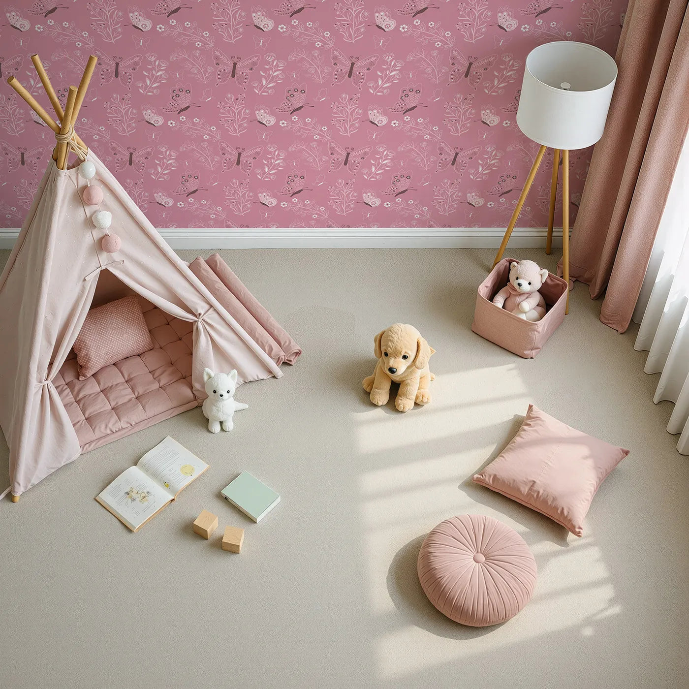 Top-Down view of Whimsy Tots' Flutter Garden Butterfly Wallpaper in Rose Pink (W3048A).Delicate butterflies flutter among floral vines in soft rosy charm.