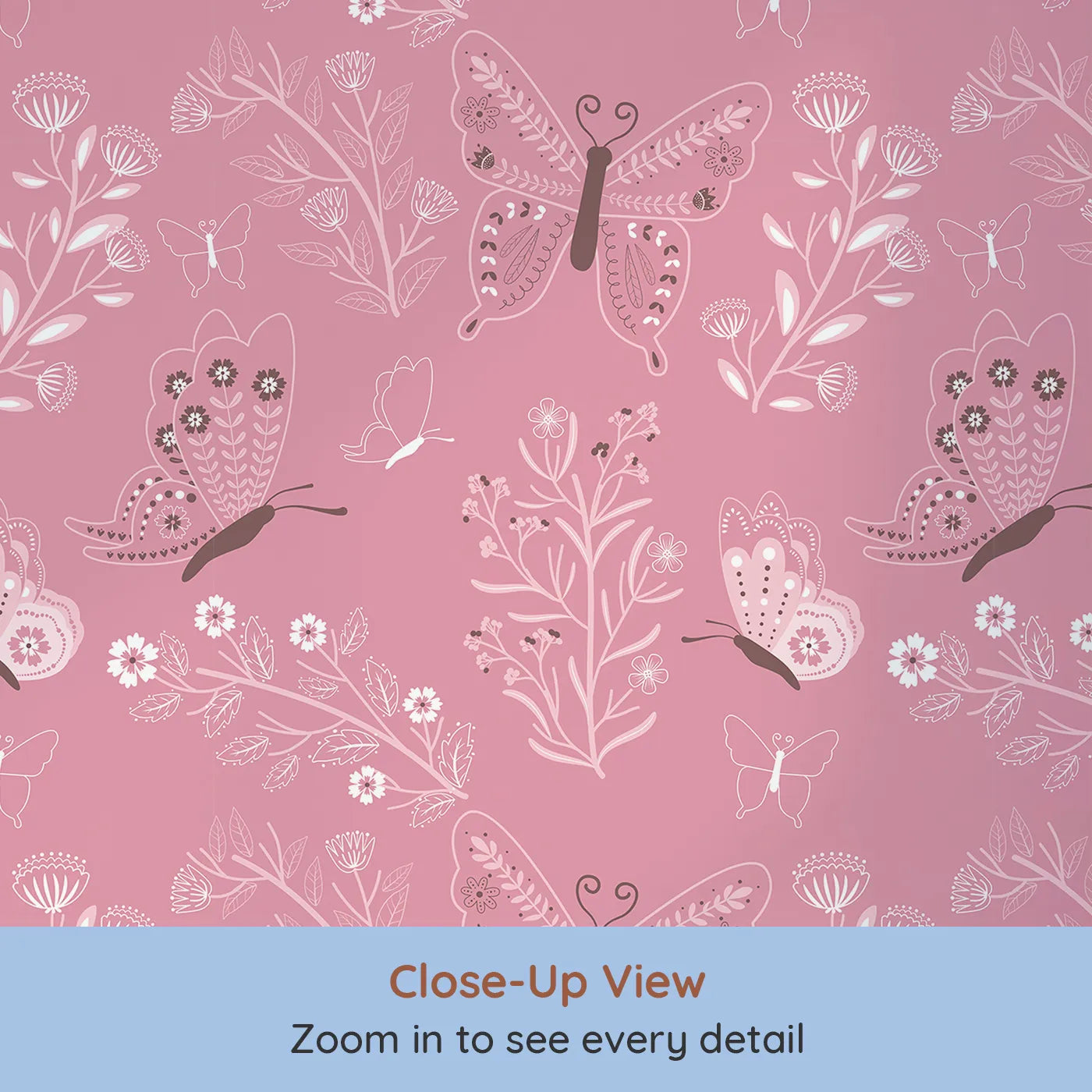 Close-up view of Whimsy Tots' Flutter Garden Butterfly Wallpaper in Rose Pink (W3048A).Delicate butterflies flutter among floral vines in soft rosy charm.