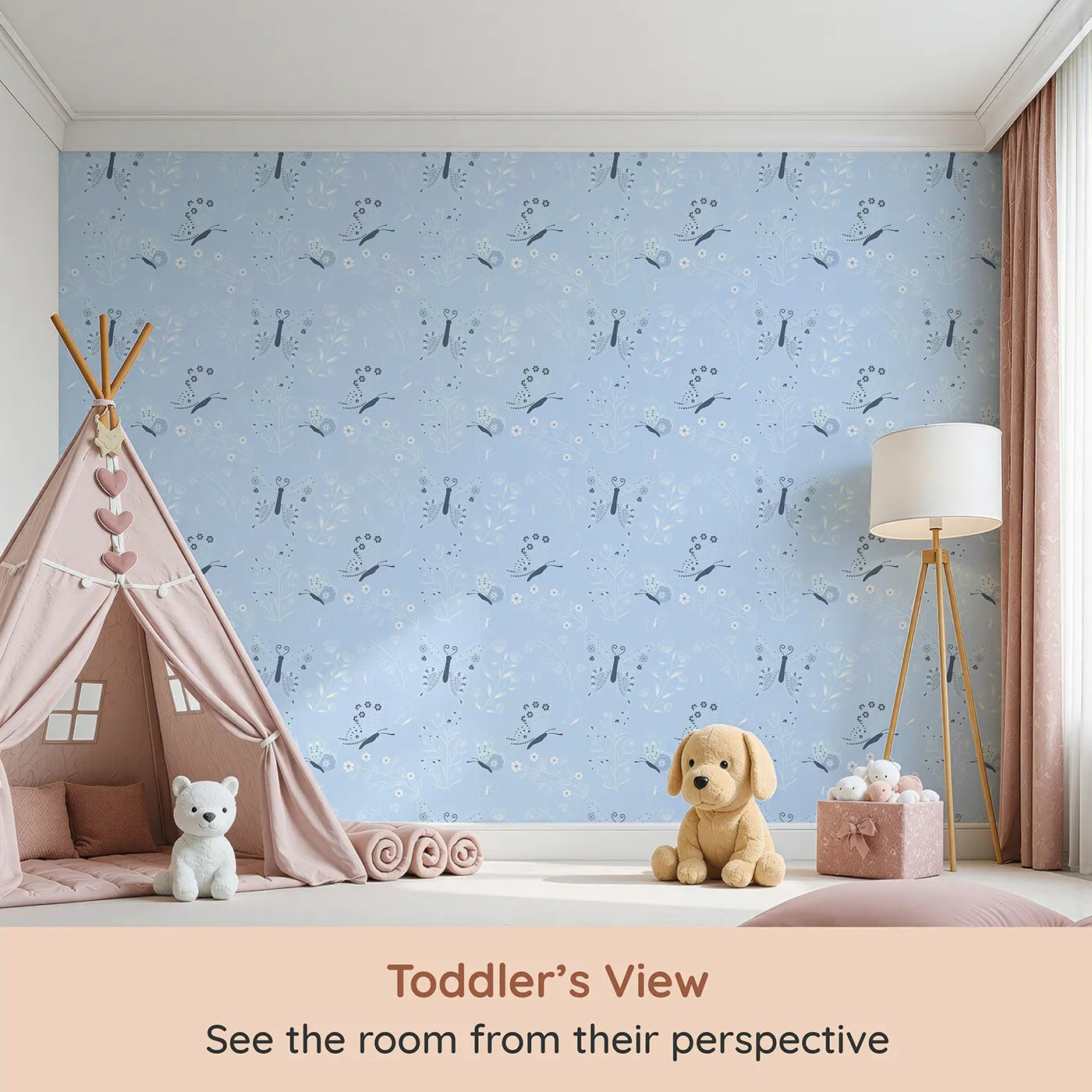 Whimsy Tots Flutter Garden Butterfly Wallpaper in Sky (W3048B) from your child's view.Playful butterflies and floating florals drift across a soft sky blue.