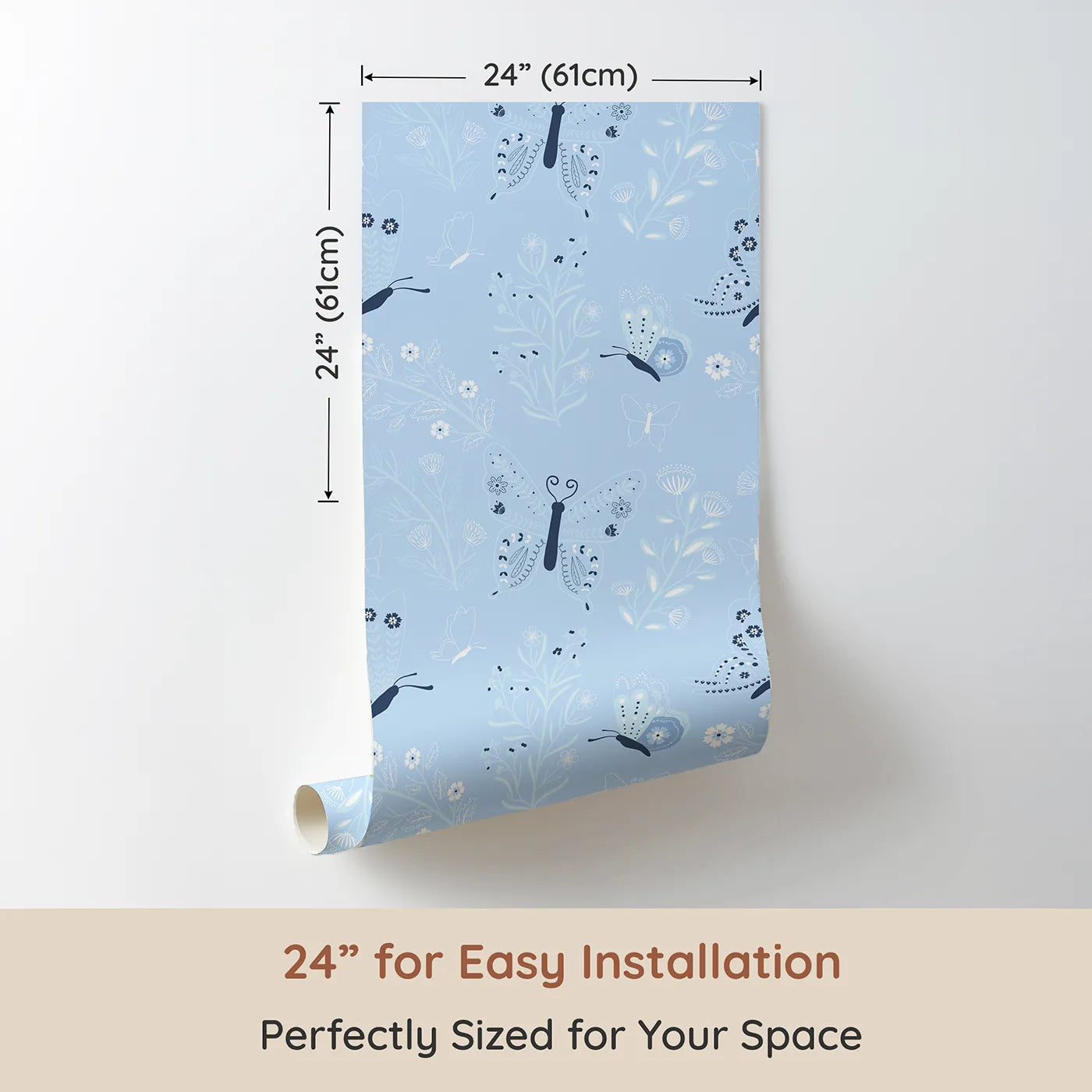 Dimension view of Whimsy Tots Flutter Garden Butterfly Wallpaper in Sky (W3048B). Printed in 24-inch-wide panel for easy installation. Playful butterflies and floating florals drift across a soft sky blue.