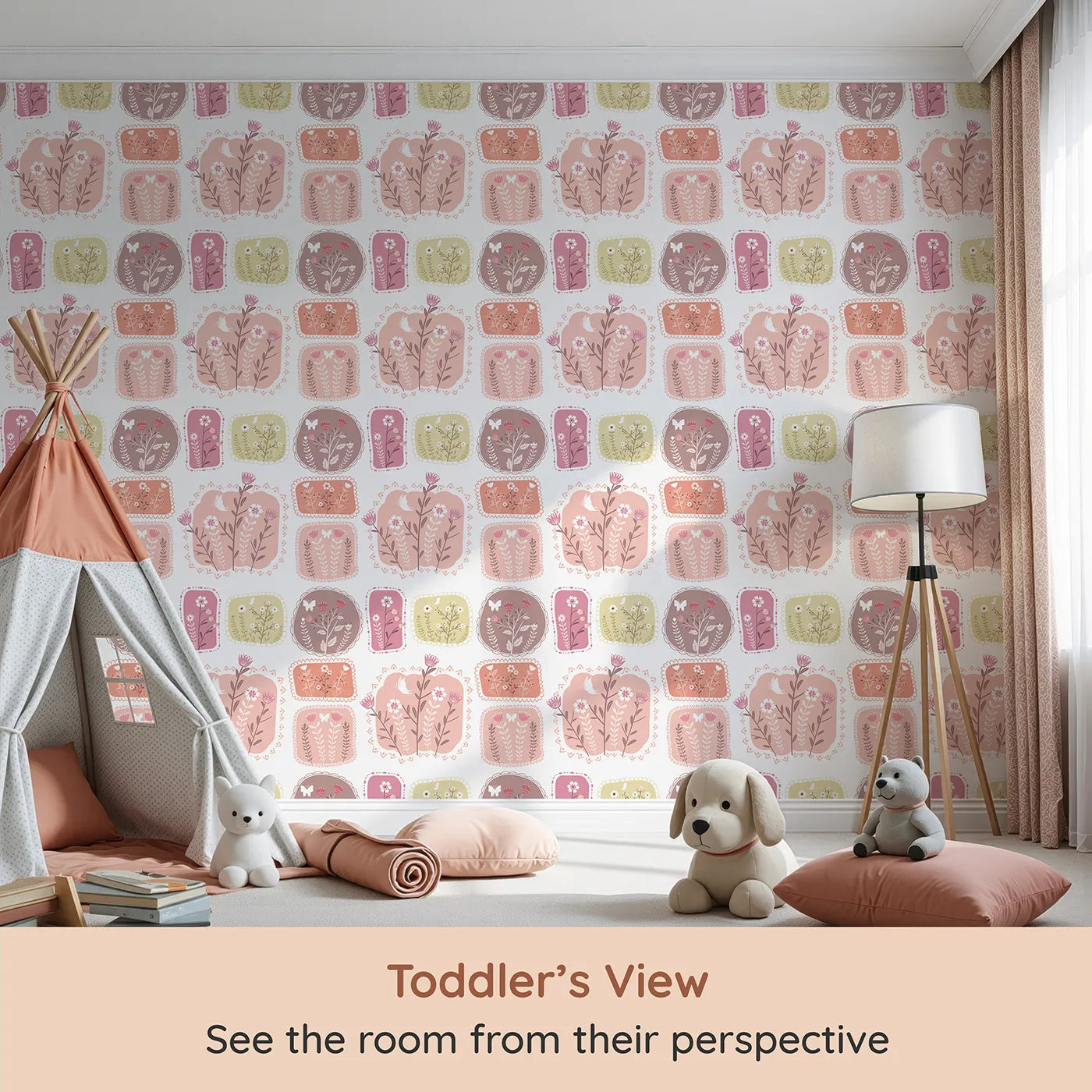 Whimsy Tots Botanical Patchwork Garden Wallpaper (W3049) from your child's view.Each block blooms with flowers, birds, and butterflies in gentle pastel tones.
