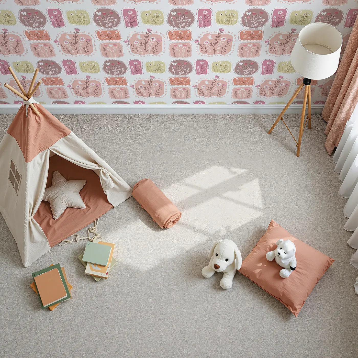 Top-Down view of Whimsy Tots' Botanical Patchwork Garden Wallpaper (W3049).Each block blooms with flowers, birds, and butterflies in gentle pastel tones.