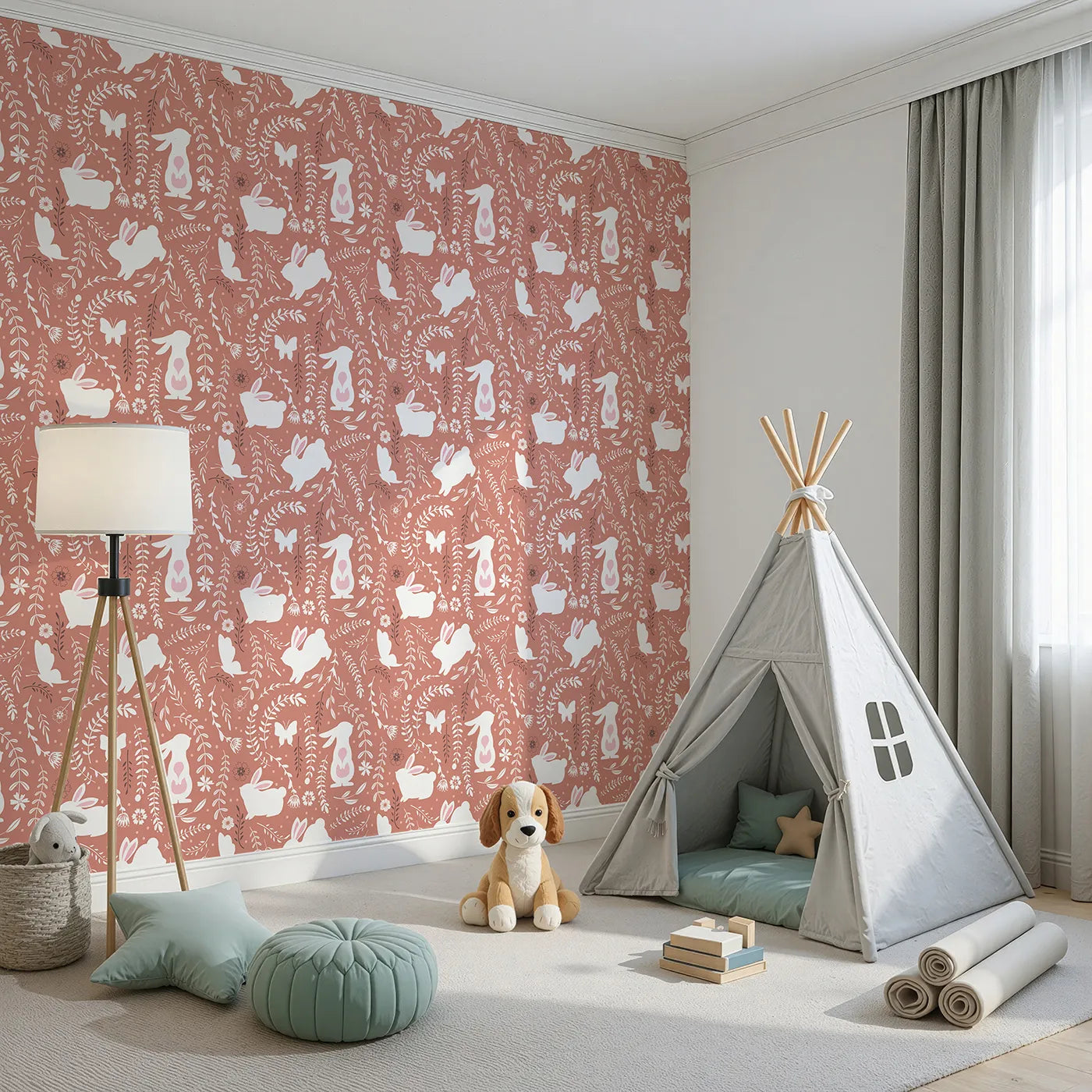 Angled view of Whimsy Tots' Bunny Hideaway Meadow Wallpaper in Terracotta Brown (W3050A).White bunnies and dancing florals curl through warm terracotta vines.