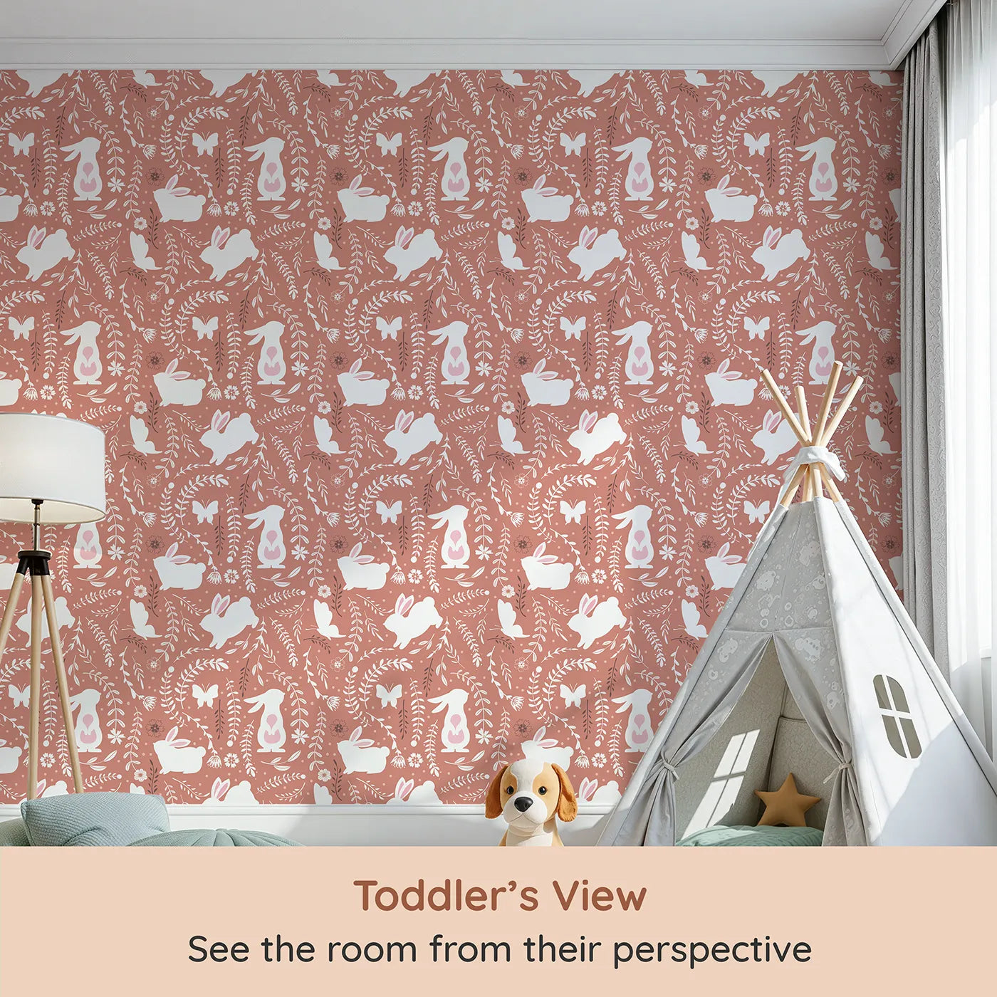 Whimsy Tots Bunny Hideaway Meadow Wallpaper in Terracotta Brown (W3050A) from your child's view.White bunnies and dancing florals curl through warm terracotta vines.