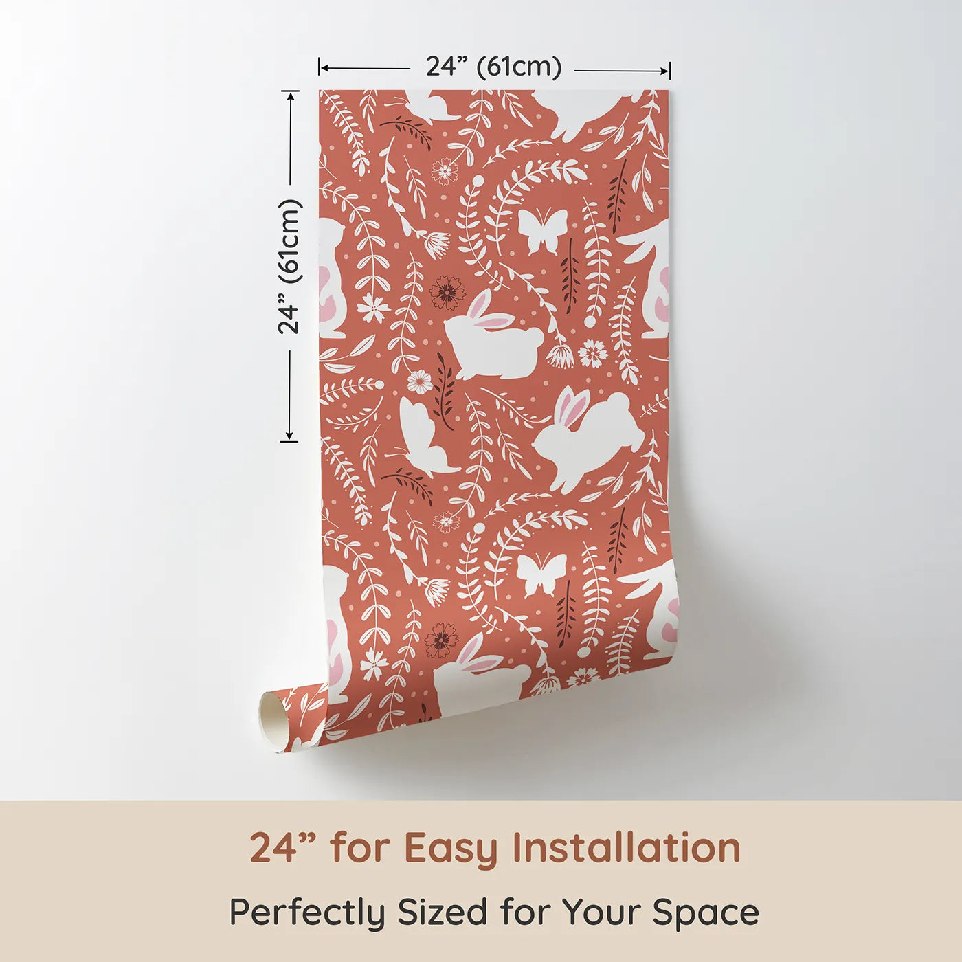 Dimension view of Whimsy Tots Bunny Hideaway Meadow Wallpaper in Terracotta Brown (W3050A). Printed in 24-inch-wide panel for easy installation. White bunnies and dancing florals curl through warm terracotta vines.