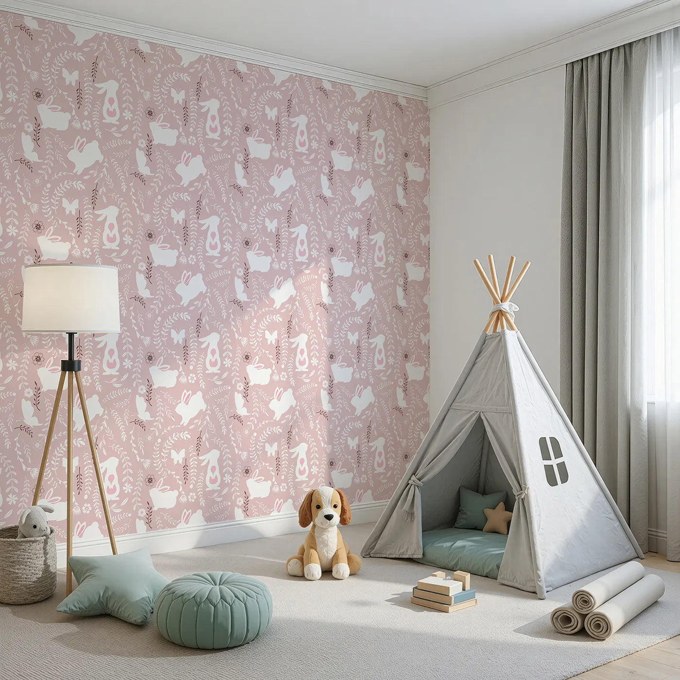 Angled view of Whimsy Tots' Bunny Hideaway Meadow Wallpaper in Blush Pink (W3050B).White bunnies hop among soft vines and floral silhouettes on a gentle blush field.