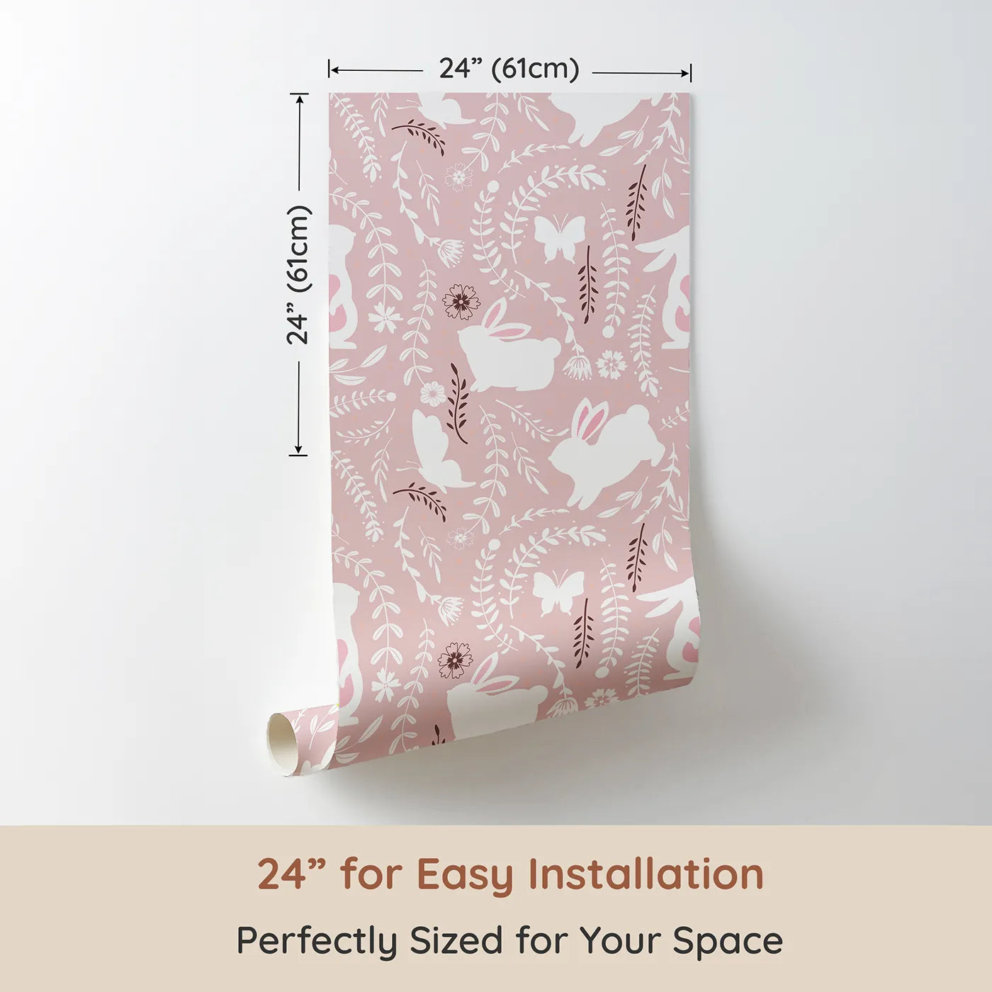Dimension view of Whimsy Tots Bunny Hideaway Meadow Wallpaper in Blush Pink (W3050B). Printed in 24-inch-wide panel for easy installation. White bunnies hop among soft vines and floral silhouettes on a gentle blush field.