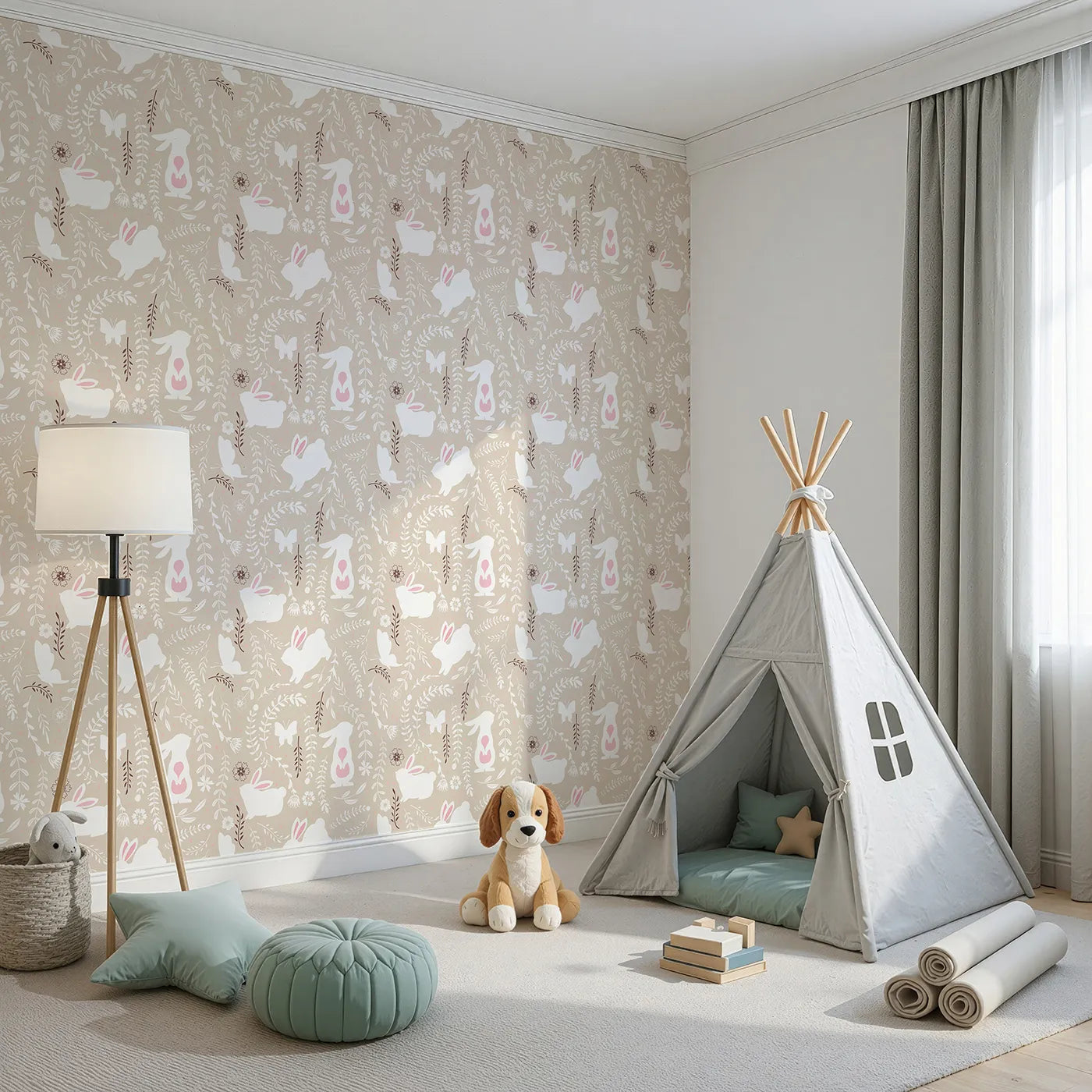 Angled view of Whimsy Tots' Bunny Hideaway Meadow Wallpaper in Sand (W3050C).Bunnies and butterflies roam among leaves and blooms on soft sandy tones.
