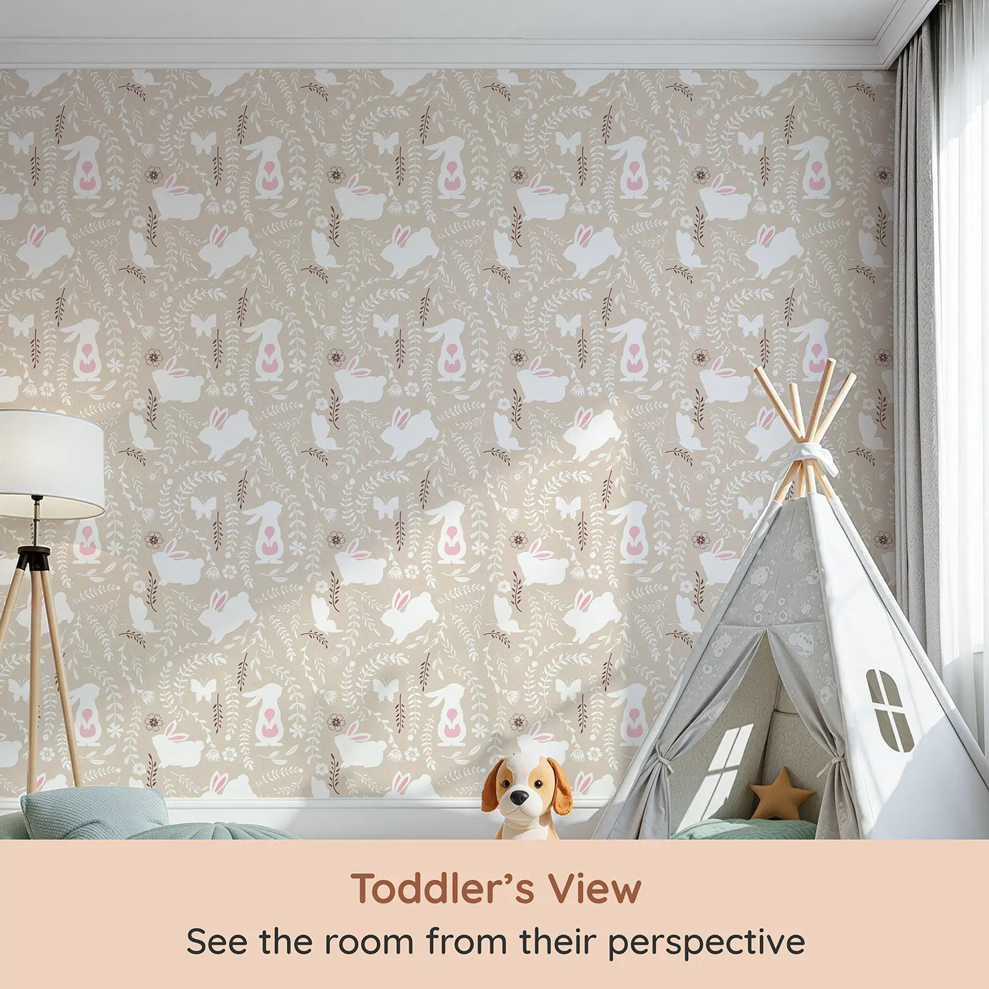 Whimsy Tots Bunny Hideaway Meadow Wallpaper in Sand (W3050C) from your child's view.Bunnies and butterflies roam among leaves and blooms on soft sandy tones.